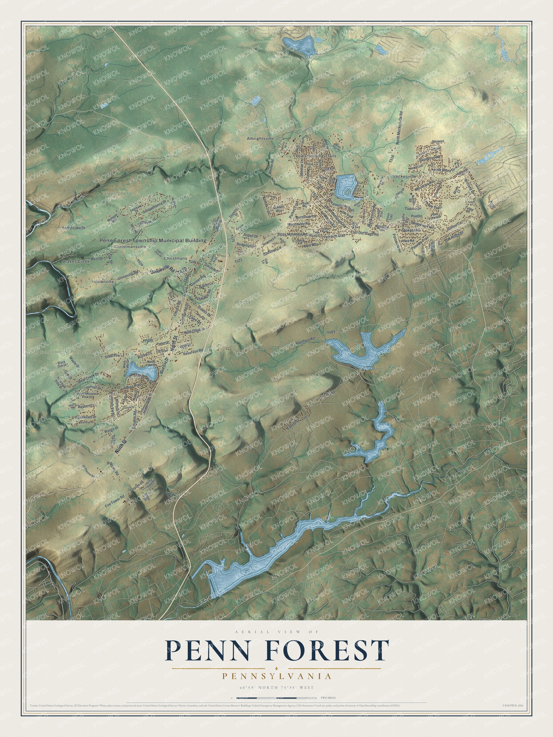 Full map of Penn Forest, Pennsylvania, with red buildings, printed street names and the land around them