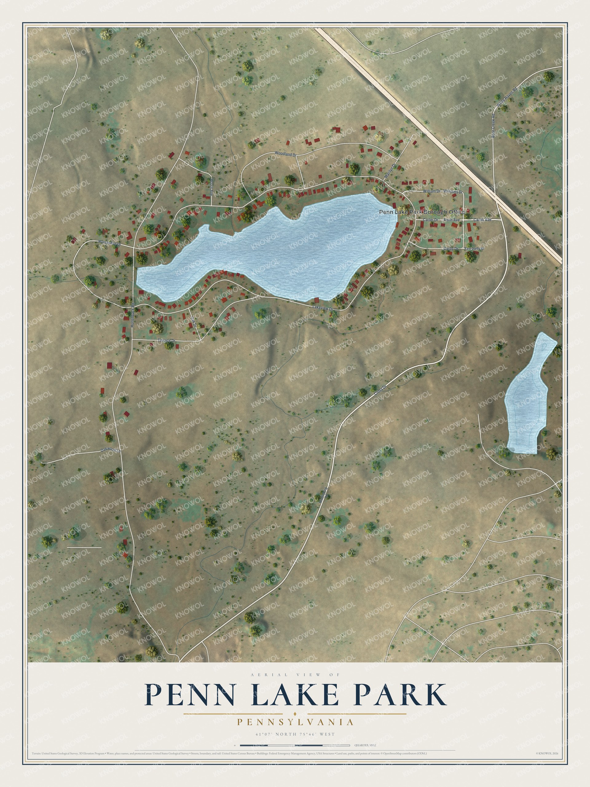 Full map of Penn Lake Park, Pennsylvania, with red buildings, printed street names and the land around them