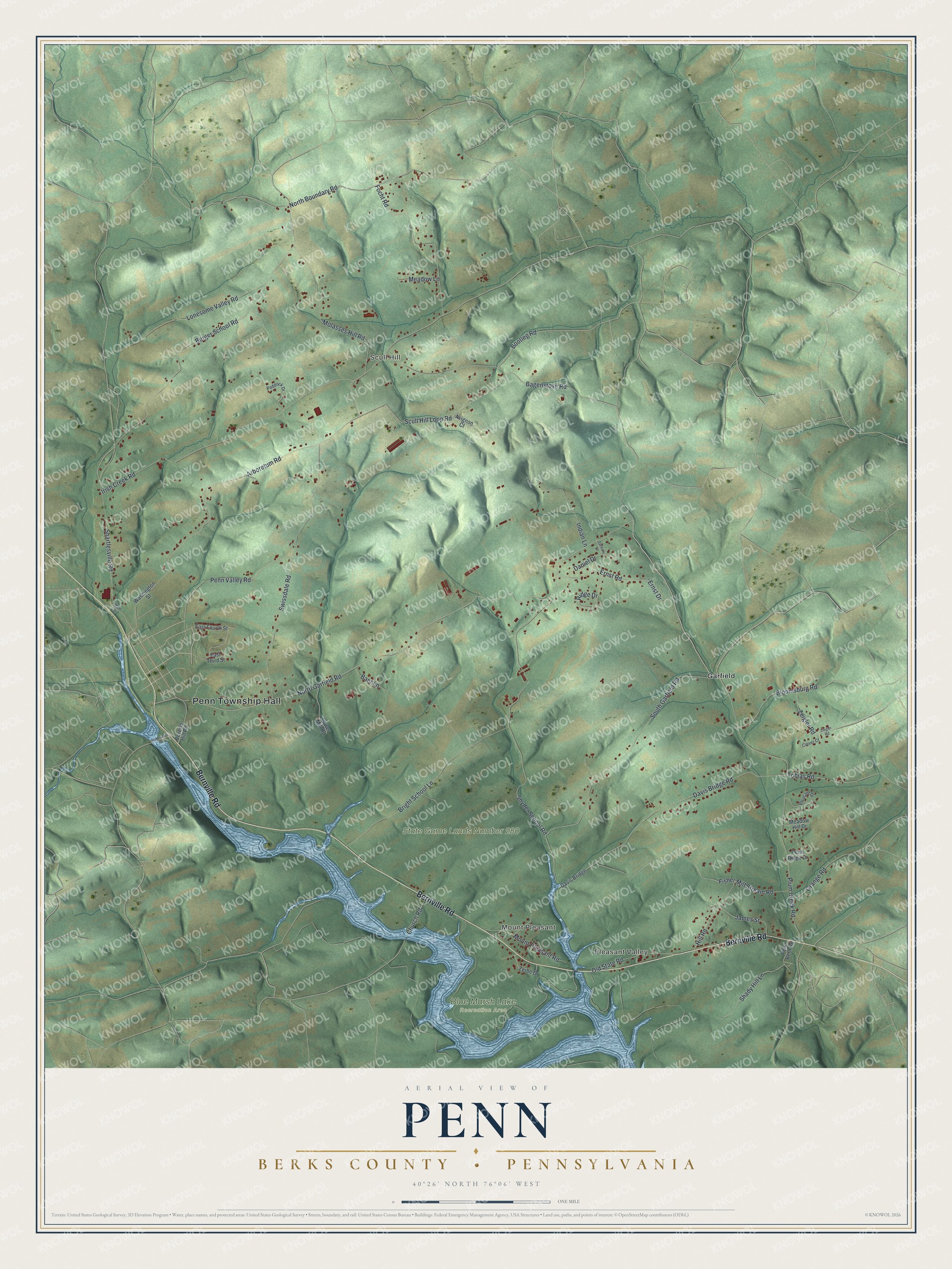 Full map of Penn, Berks County, Pennsylvania, with red buildings, printed street names and the land around them