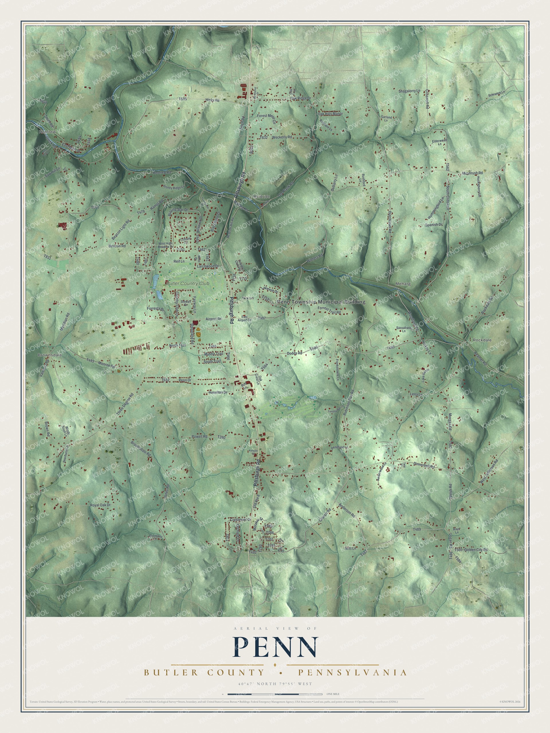 Full map of Penn, Butler County, Pennsylvania, with red buildings, printed street names and the land around them