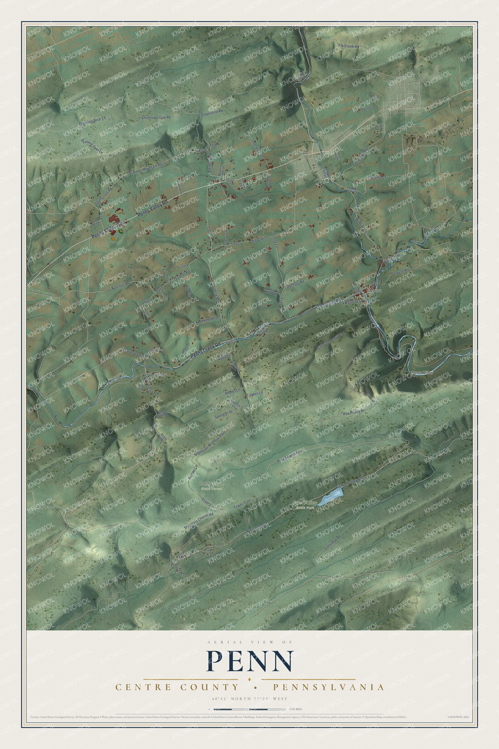 Full map of Penn, Centre County, Pennsylvania, with red buildings, printed street names and the land around them
