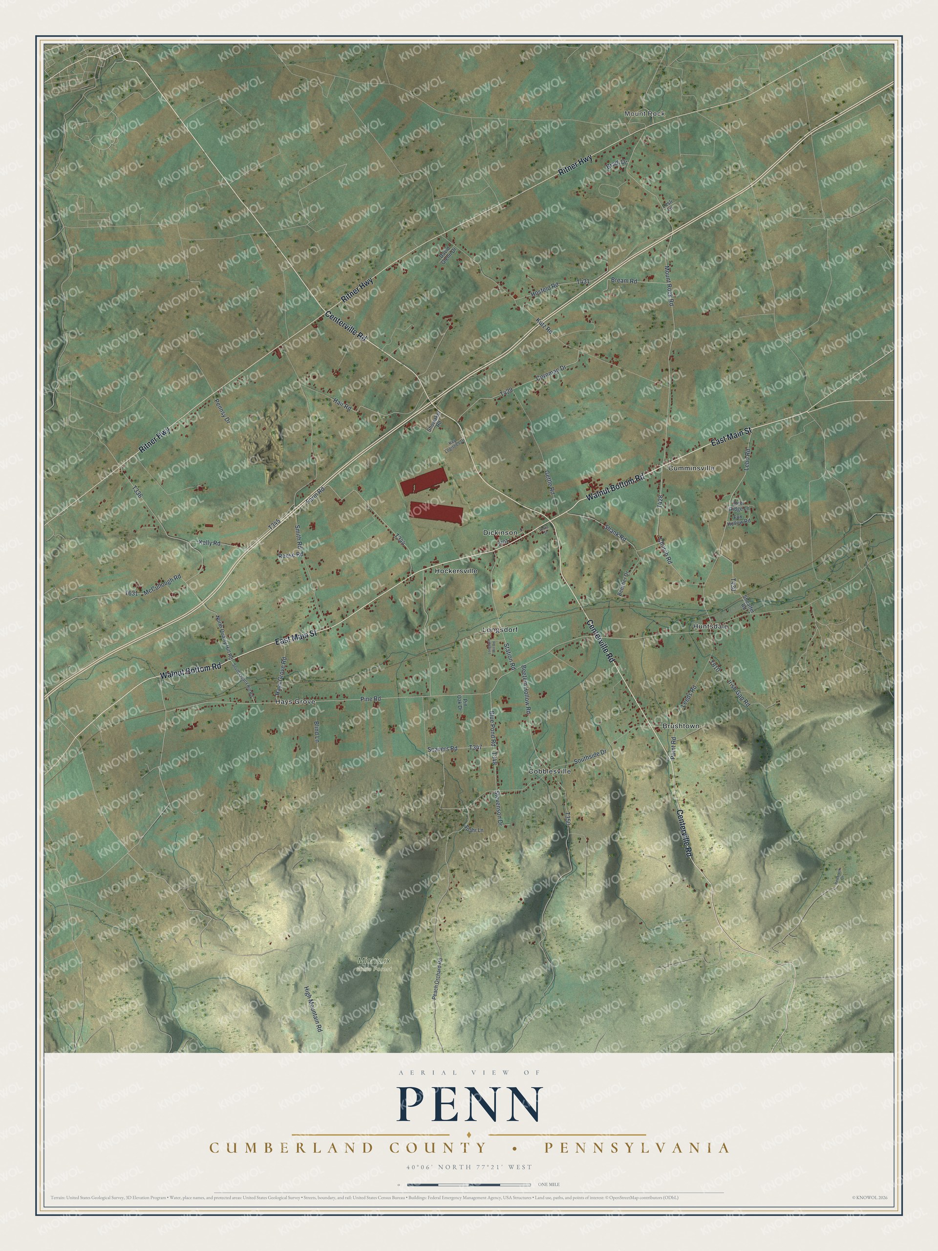 Full map of Penn, Cumberland County, Pennsylvania, with red buildings, printed street names and the land around them
