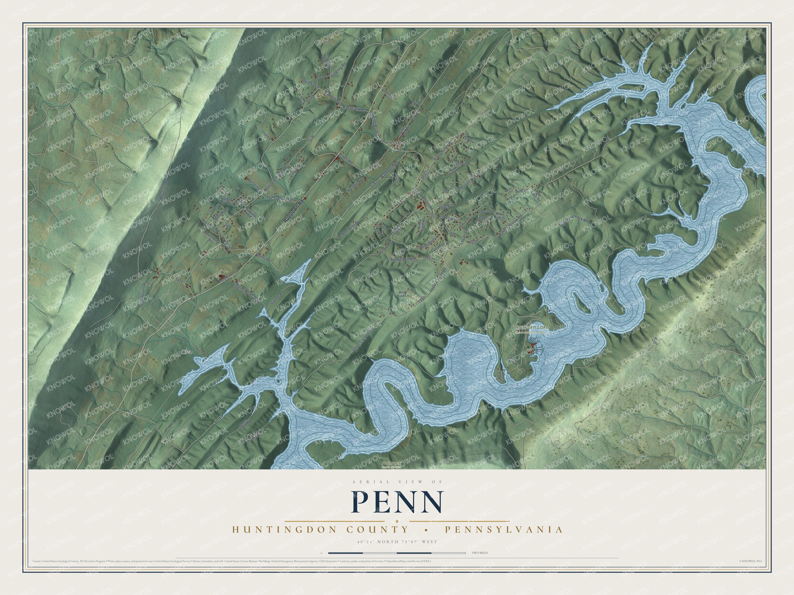 Full map of Penn, Huntingdon County, Pennsylvania, with red buildings, printed street names and the land around them