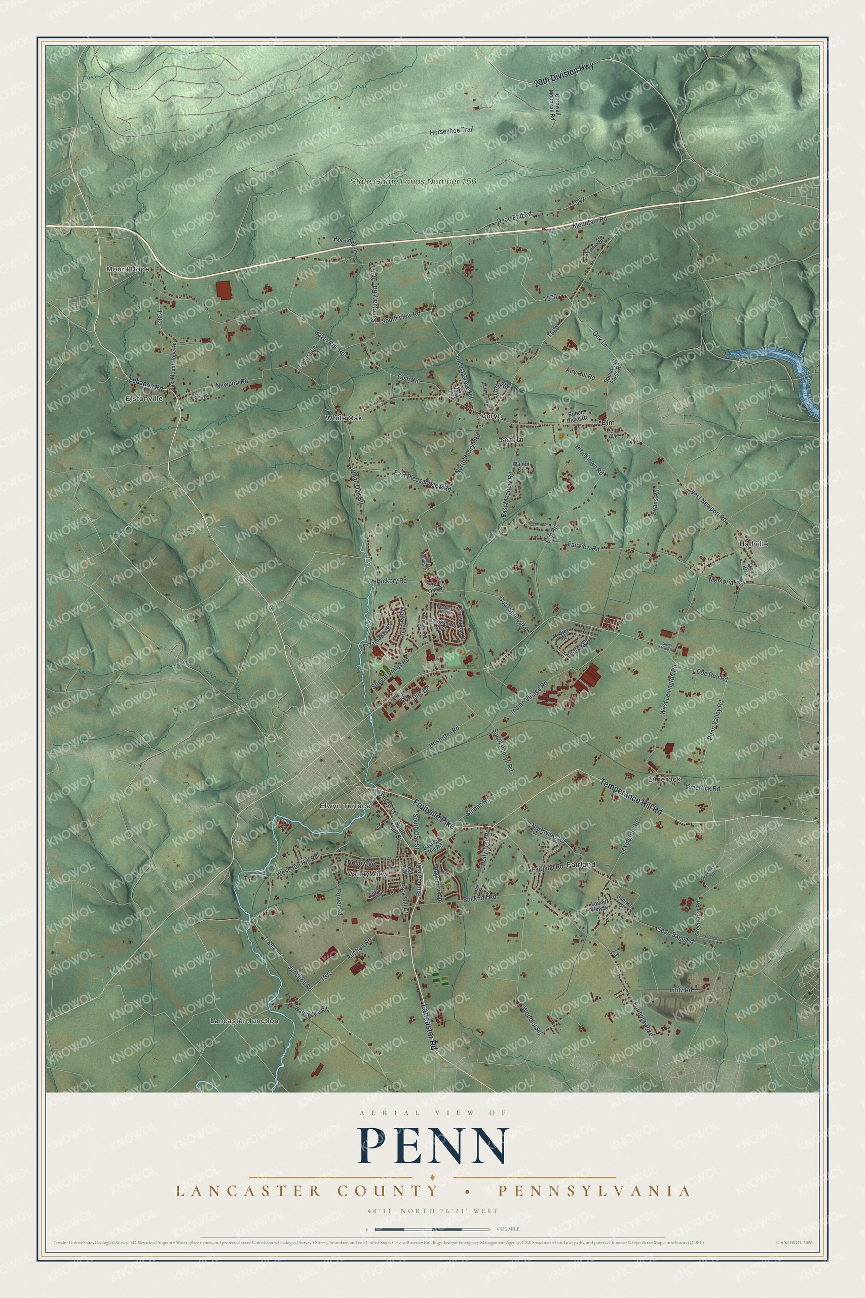 Full map of Penn, Lancaster County, Pennsylvania, with red buildings, printed street names and the land around them