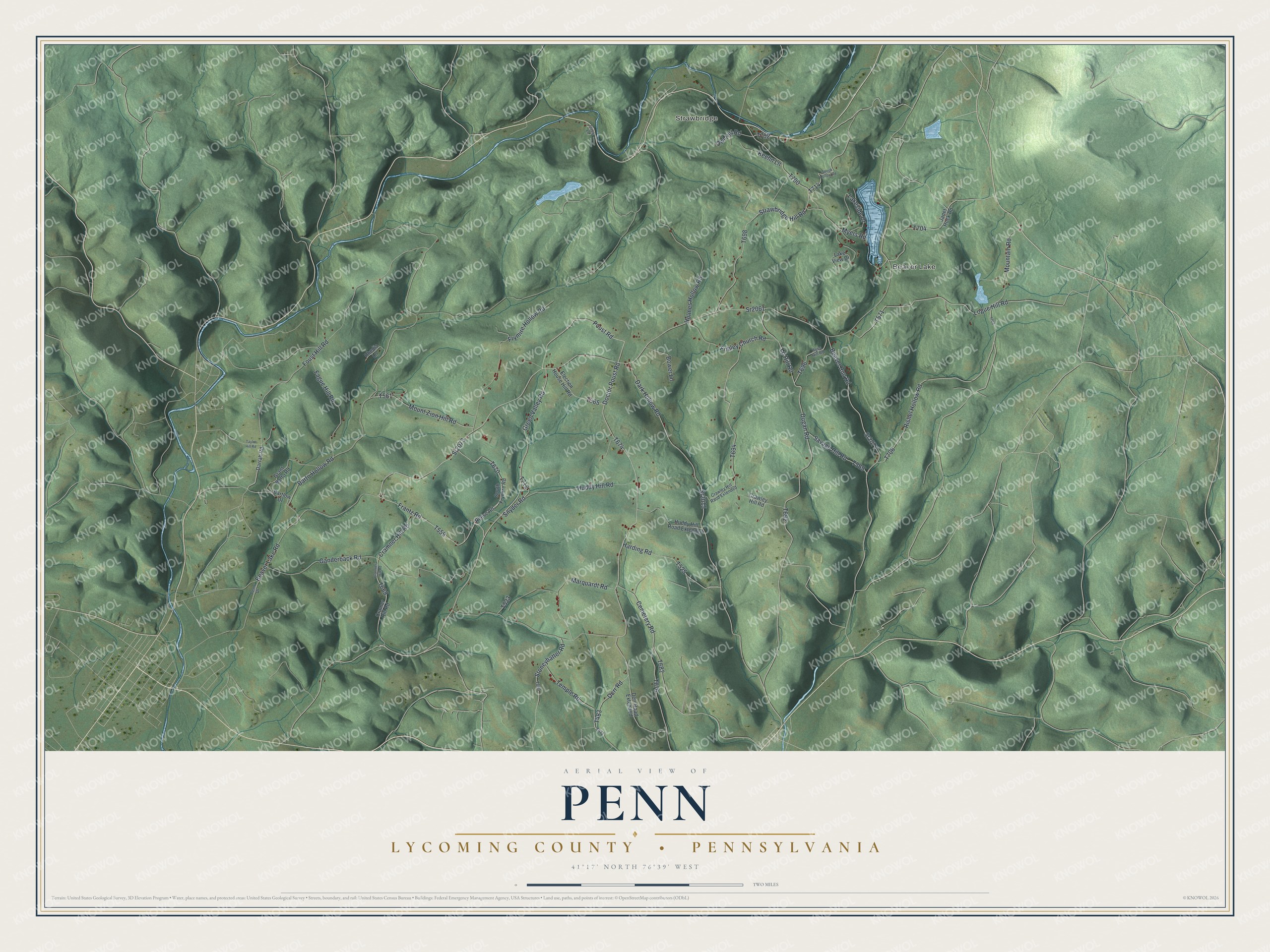 Full map of Penn, Lycoming County, Pennsylvania, with red buildings, printed street names and the land around them