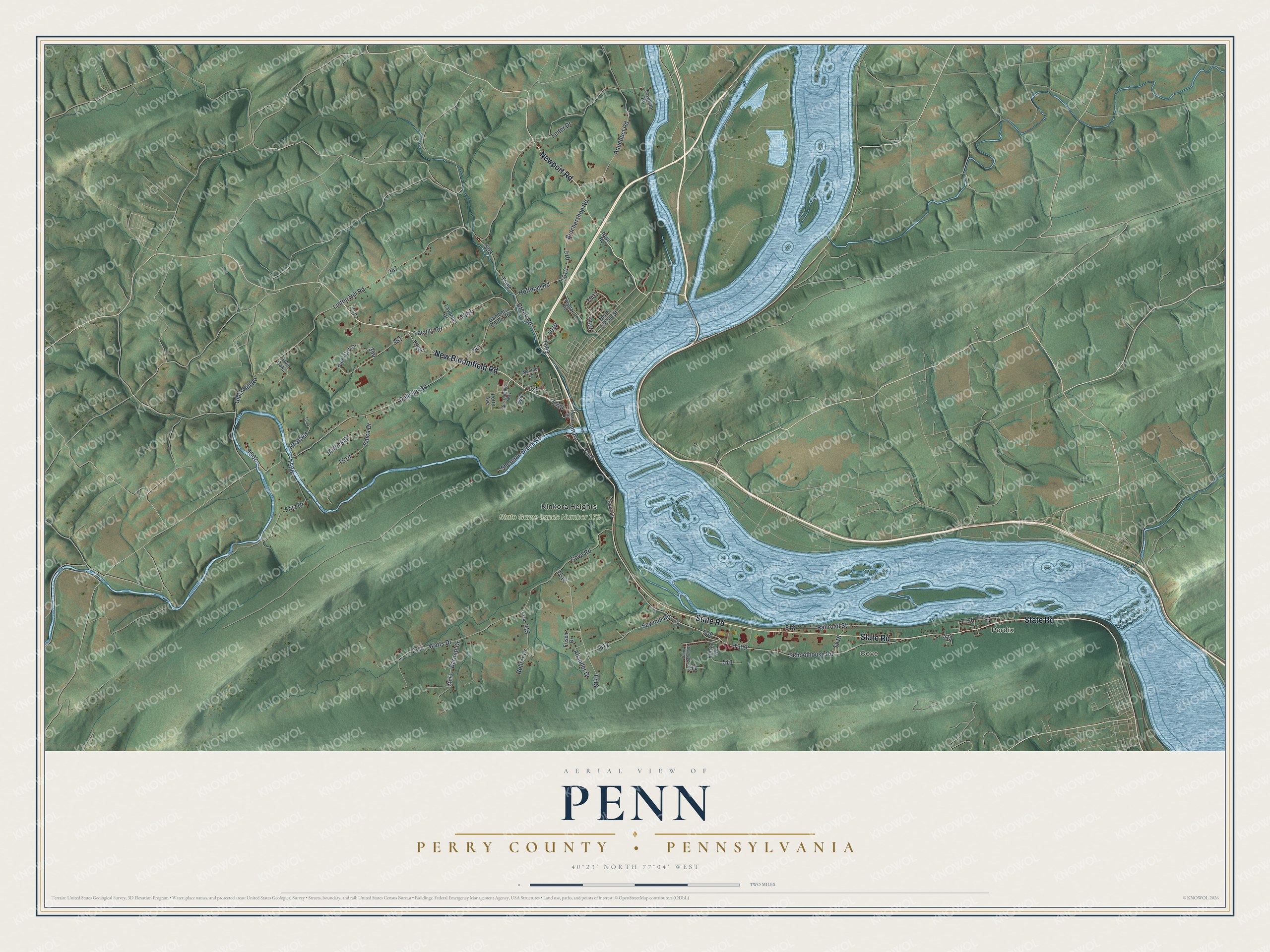 Full map of Penn, Perry County, Pennsylvania, with red buildings, printed street names and the land around them