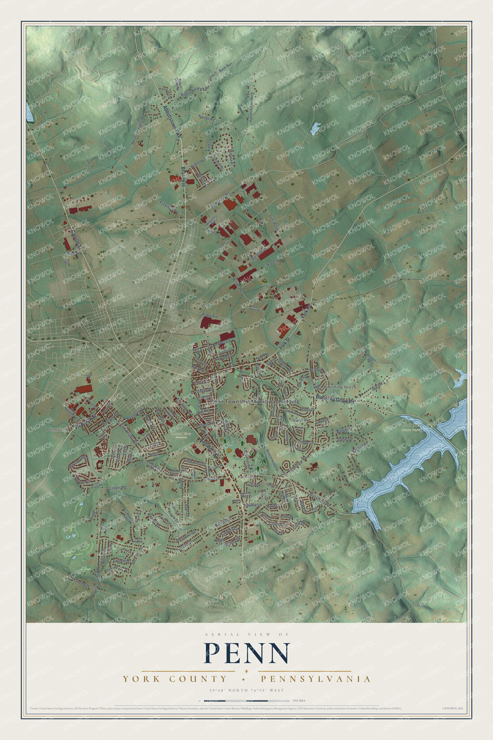 Full map of Penn, York County, Pennsylvania, with red buildings, printed street names and the land around them