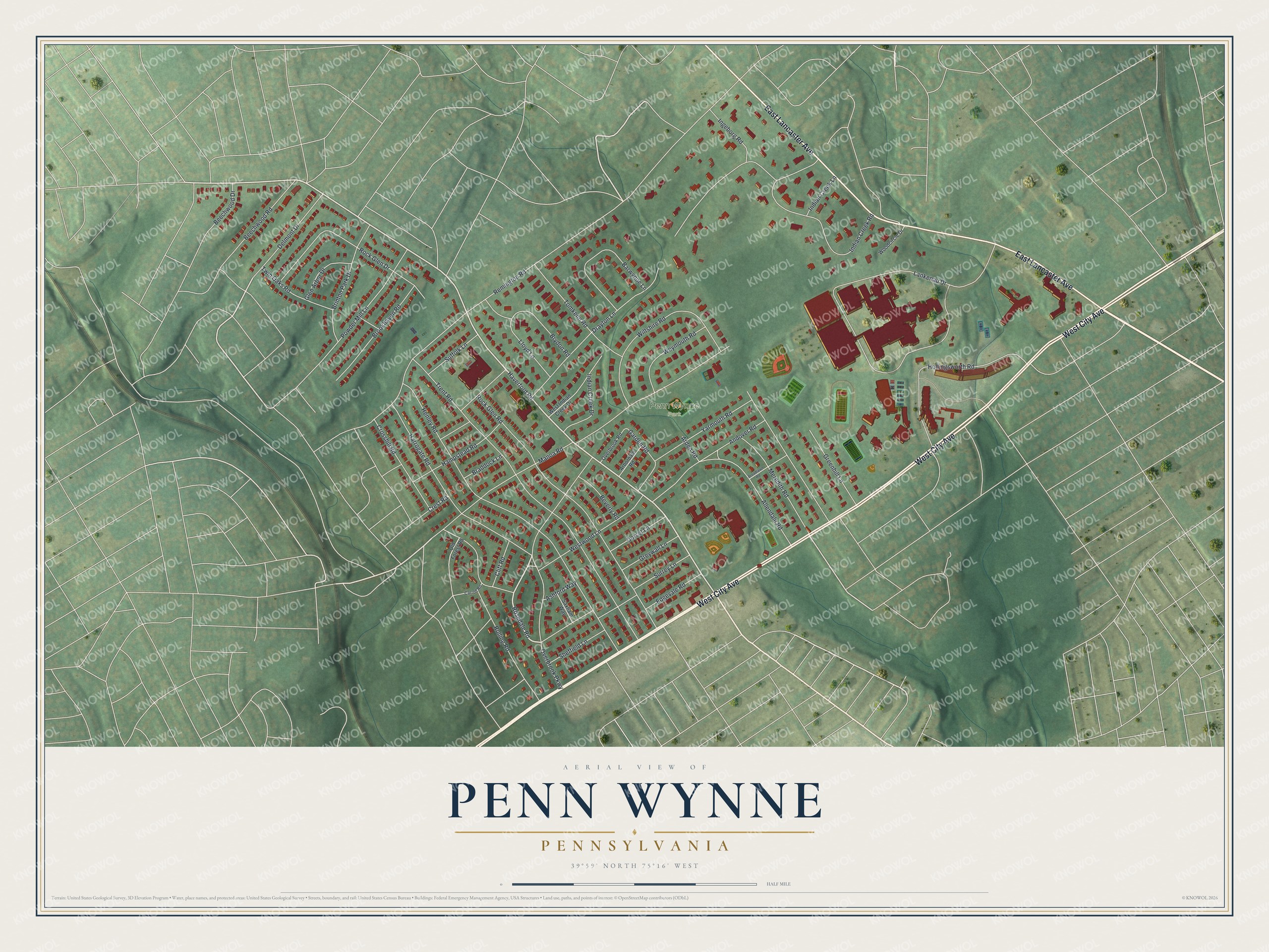 Full Penn Wynne map with red buildings, pale neighborhood roads, green ground, and a cream Pennsylvania title panel