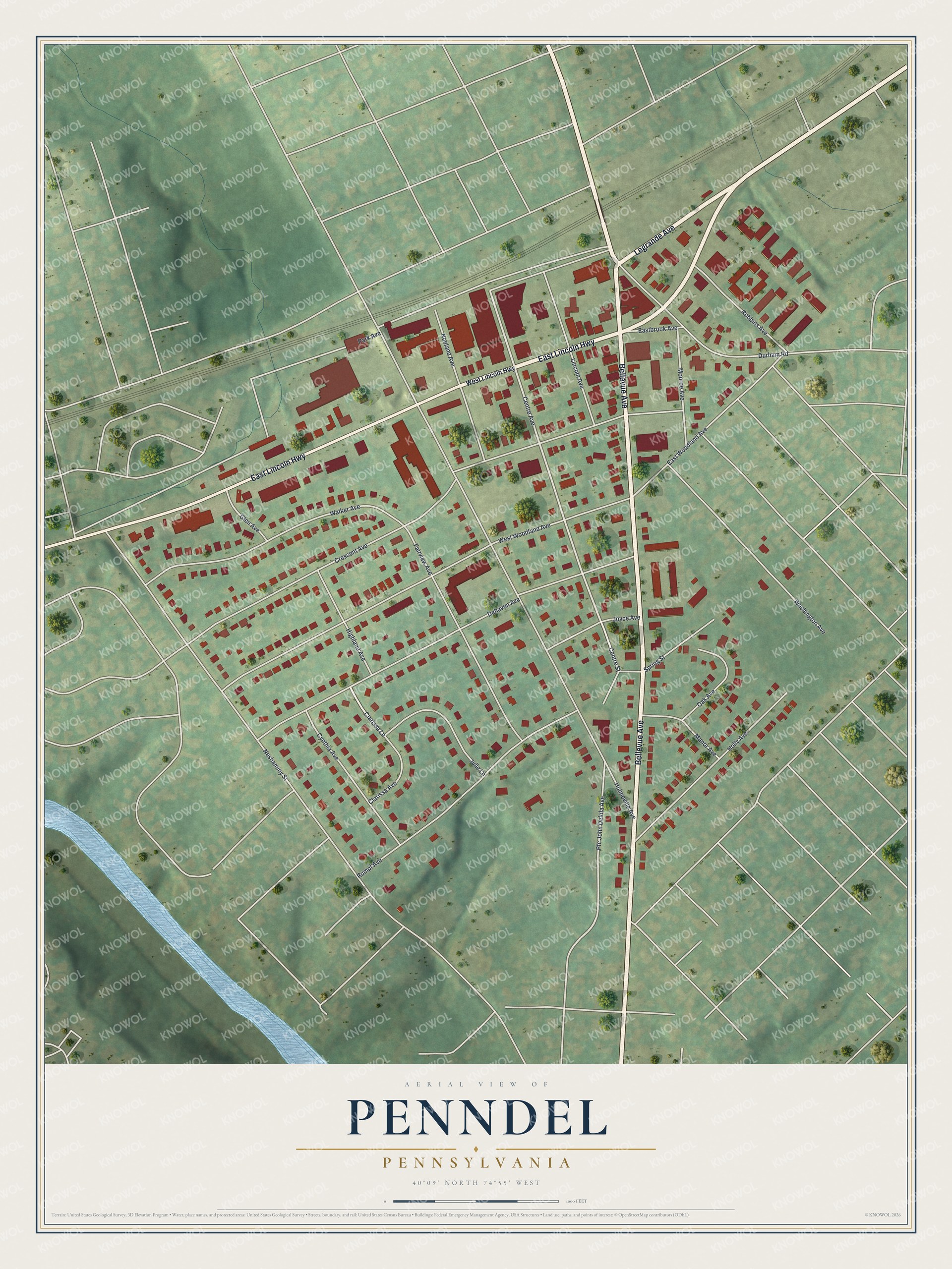 Full map of Penndel, Pennsylvania, with red buildings, printed street names and the land around them