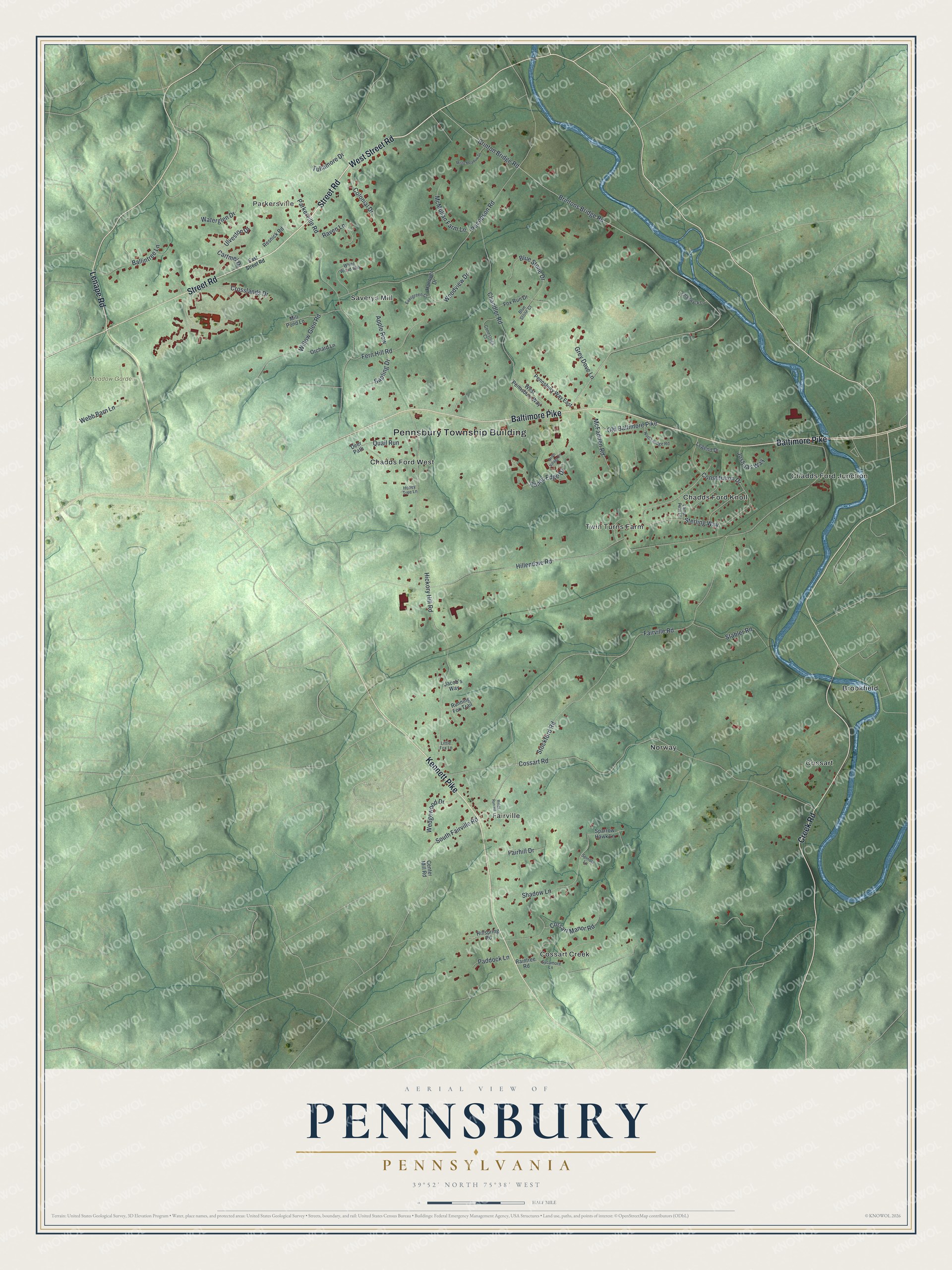 Full map of Pennsbury, Pennsylvania, with red buildings, printed street names and the land around them