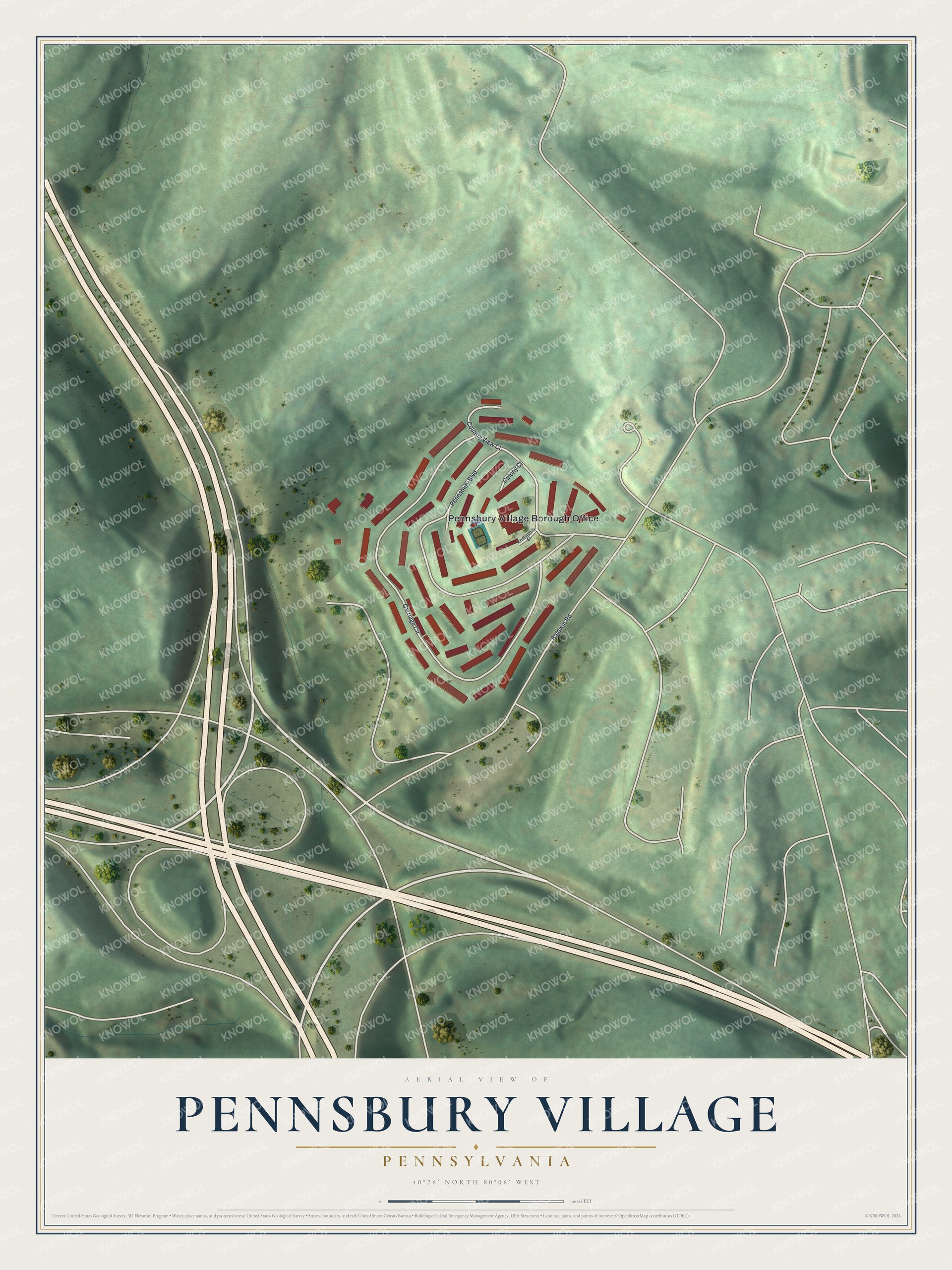 Full map of Pennsbury Village, Pennsylvania, with red buildings, printed street names and the land around them