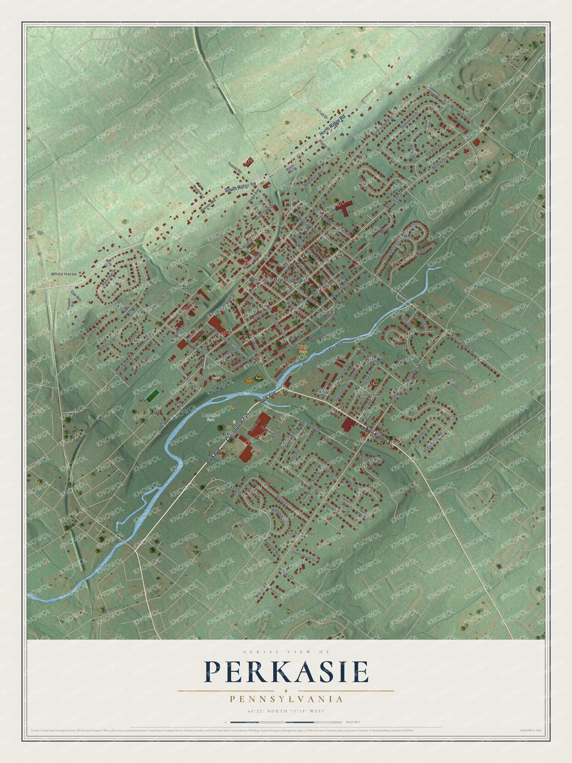Full map of Perkasie, Pennsylvania, with red buildings, printed street names and the land around them