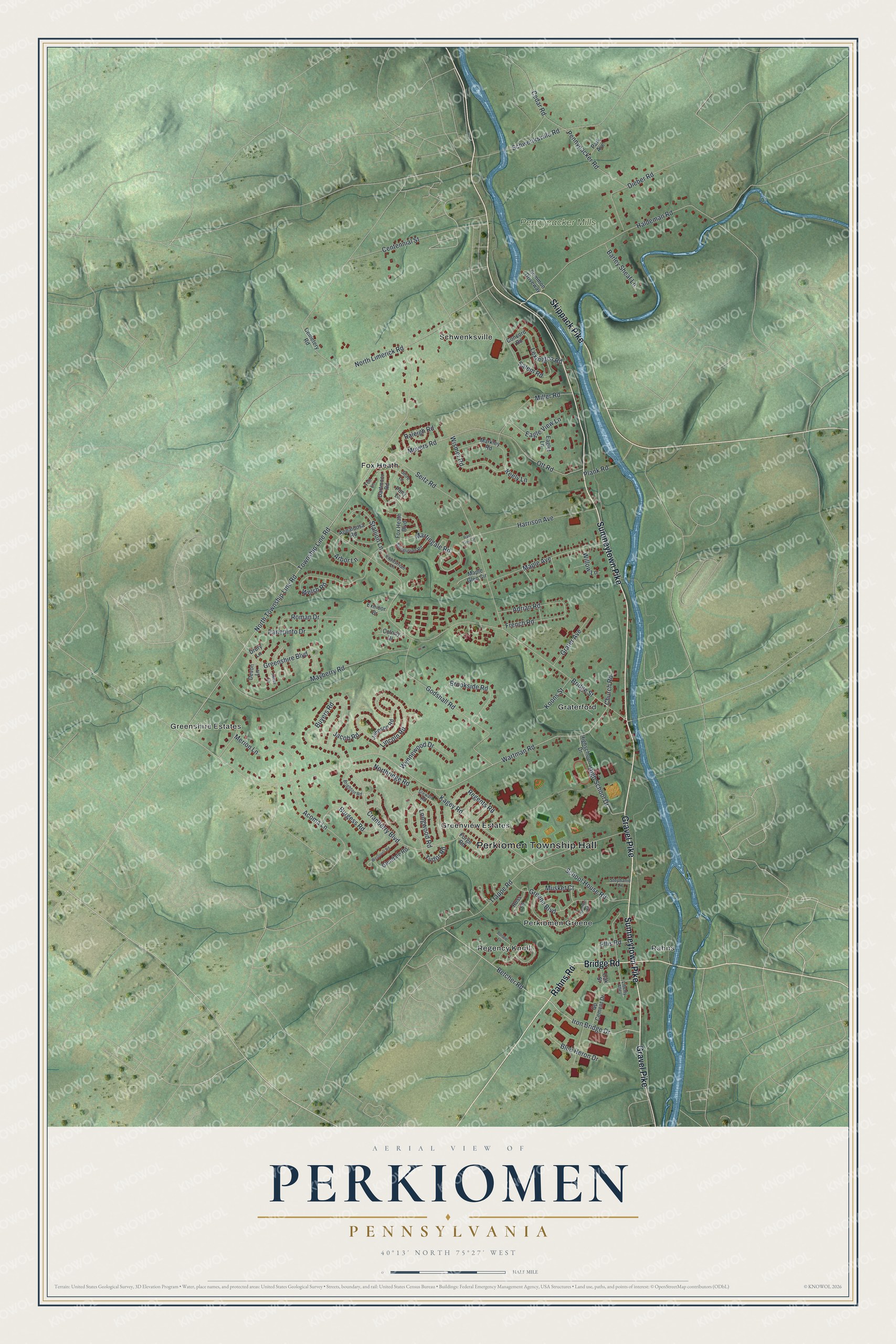 Full map of Perkiomen, Pennsylvania, with red buildings, printed street names and the land around them