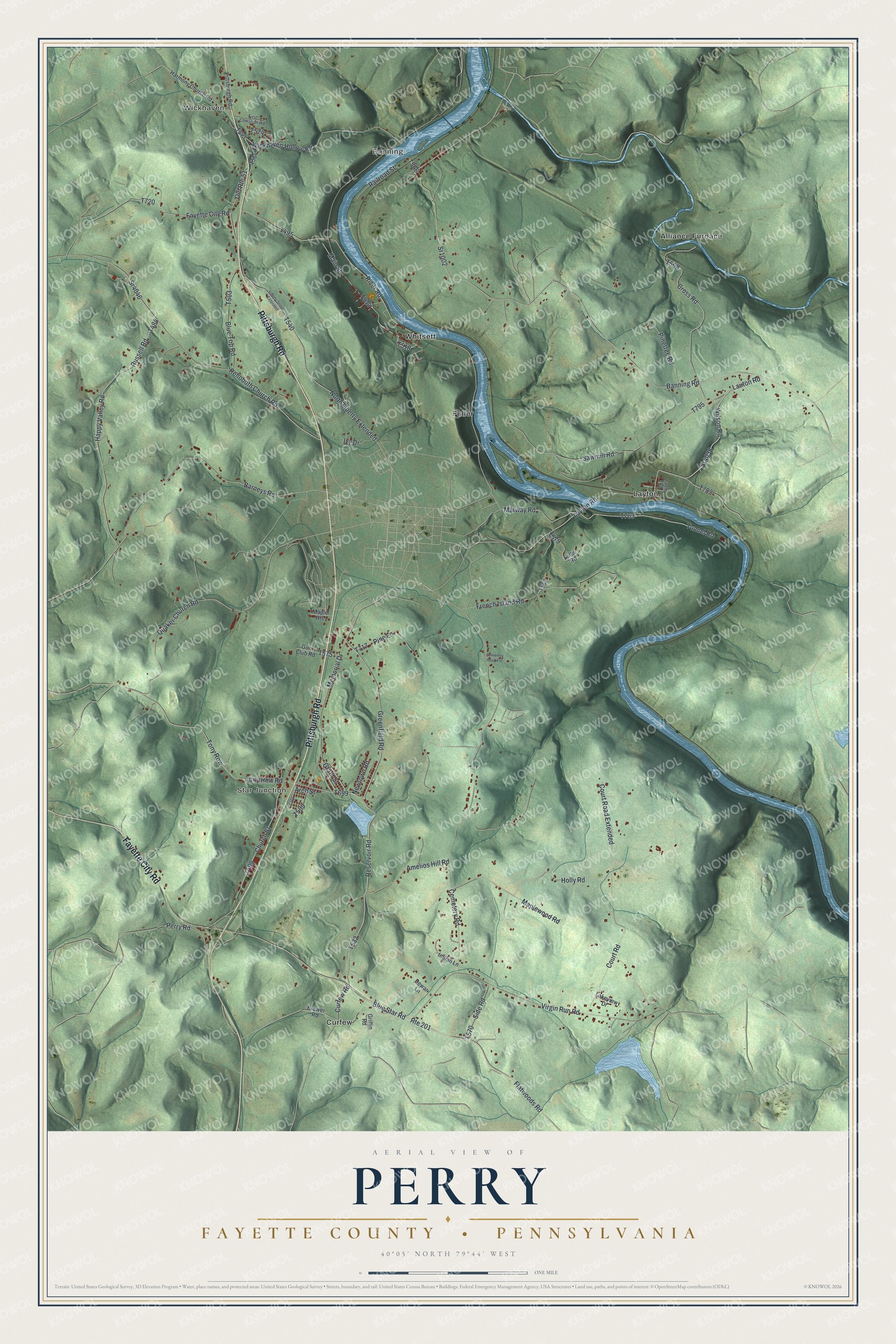 Full map of Perry, Fayette County, Pennsylvania, with red buildings, printed street names and the land around them