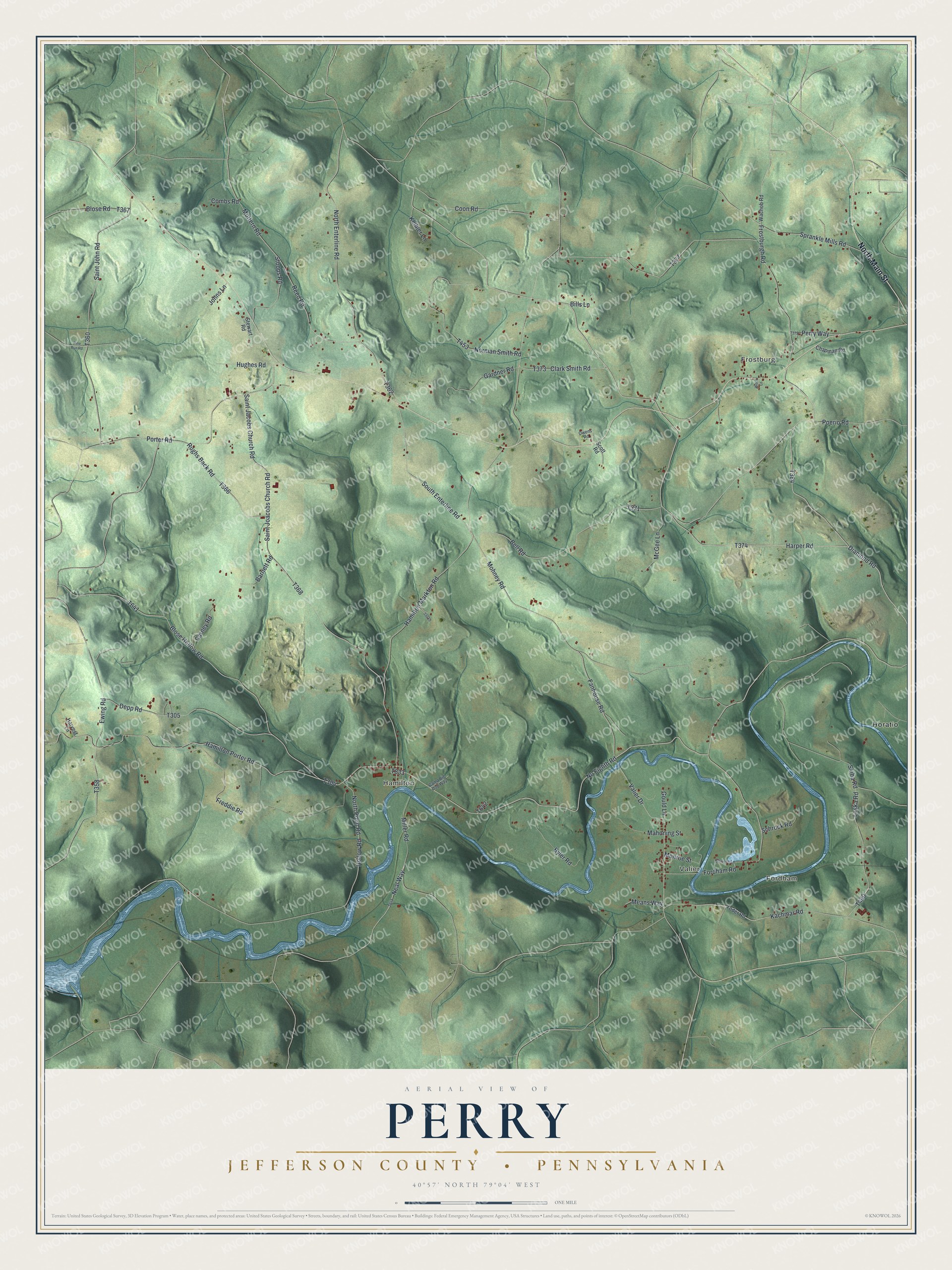 Full map of Perry, Jefferson County, Pennsylvania, with red buildings, printed street names and the land around them