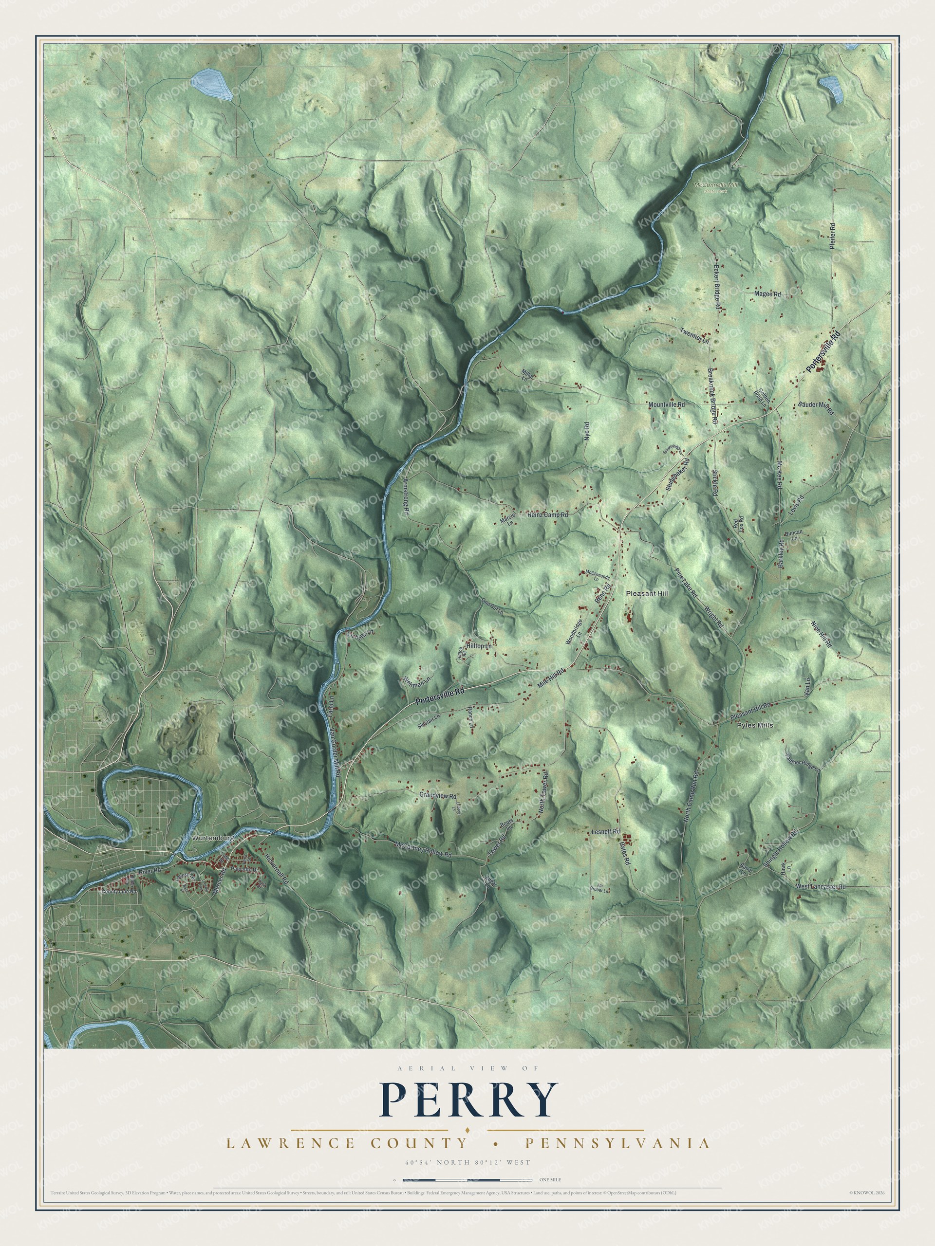 Full map of Perry, Lawrence County, Pennsylvania, with red buildings, printed street names and the land around them