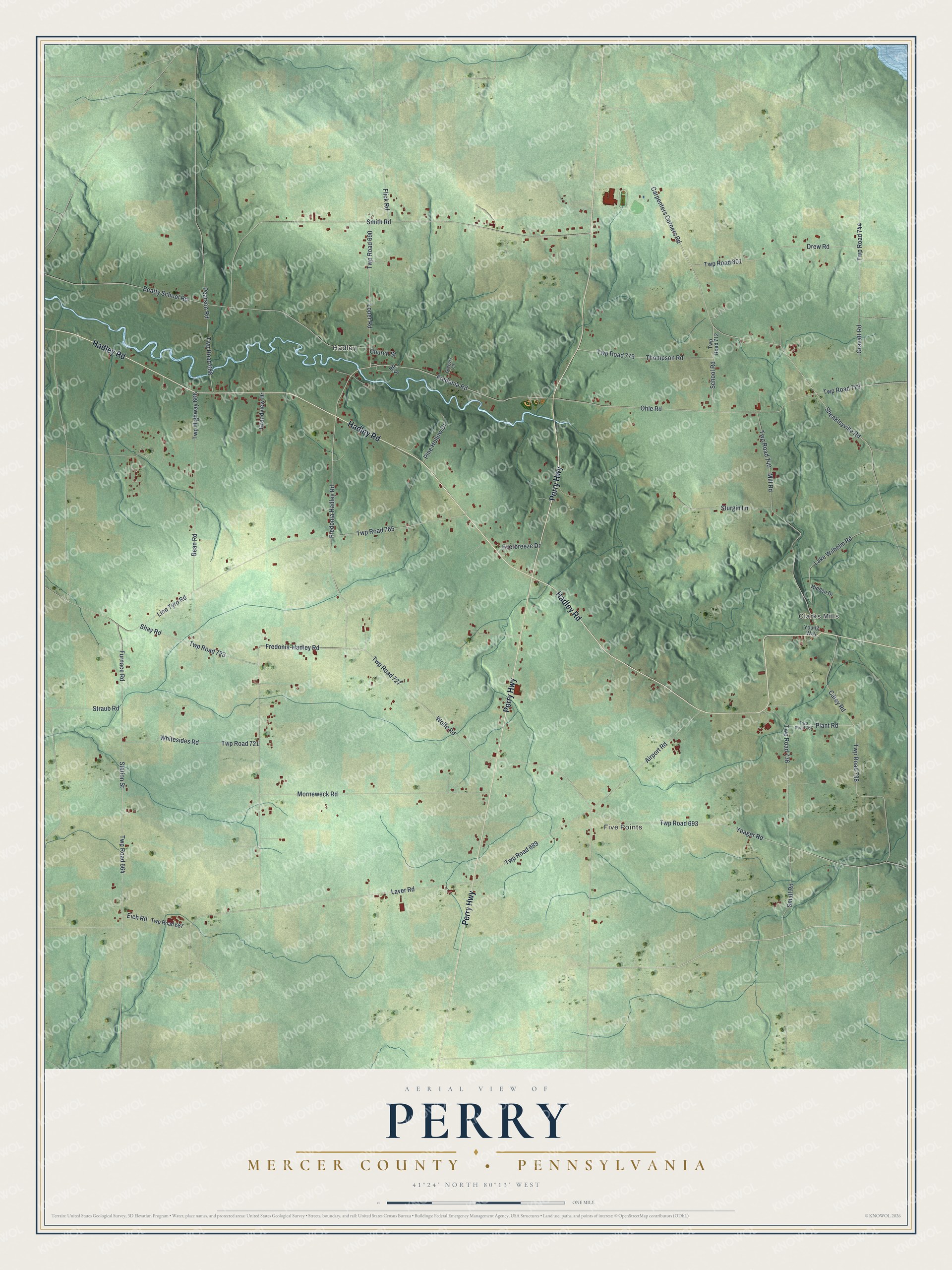 Full map of Perry, Mercer County, Pennsylvania, with red buildings, printed street names and the land around them