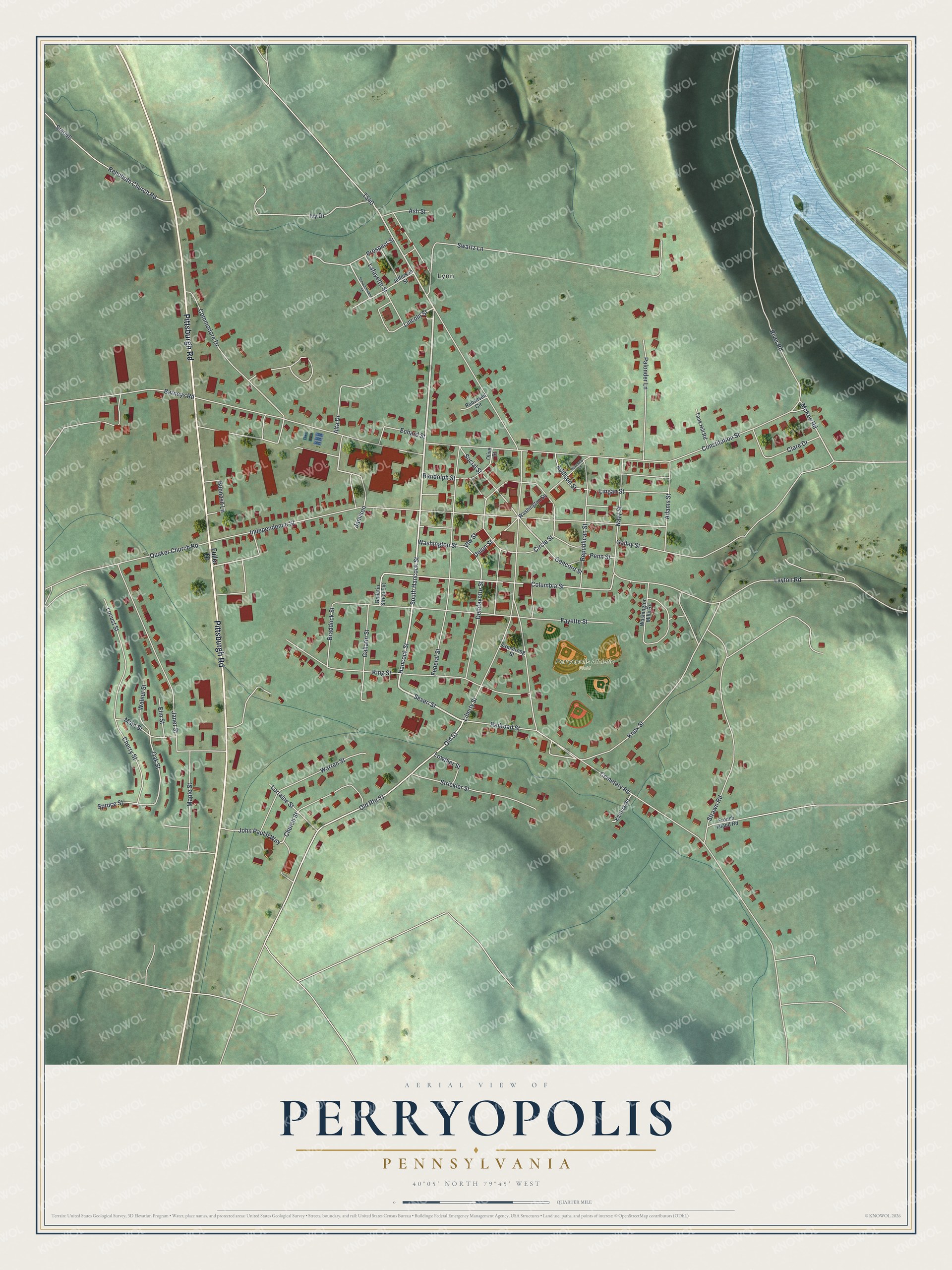 Full map of Perryopolis, Pennsylvania, with red buildings, printed street names and the land around them