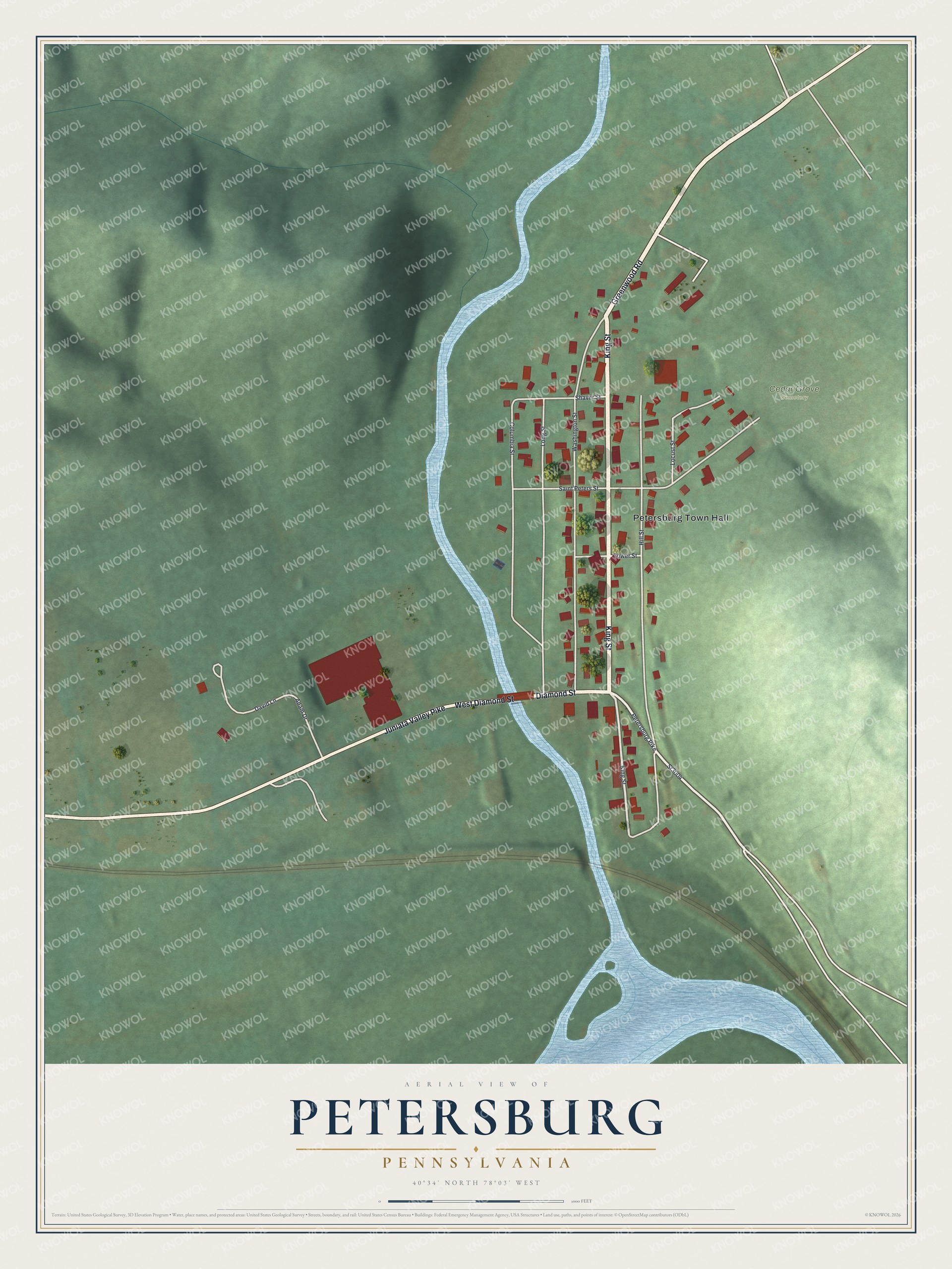 Full map of Petersburg, Pennsylvania, with red buildings, printed street names and the land around them