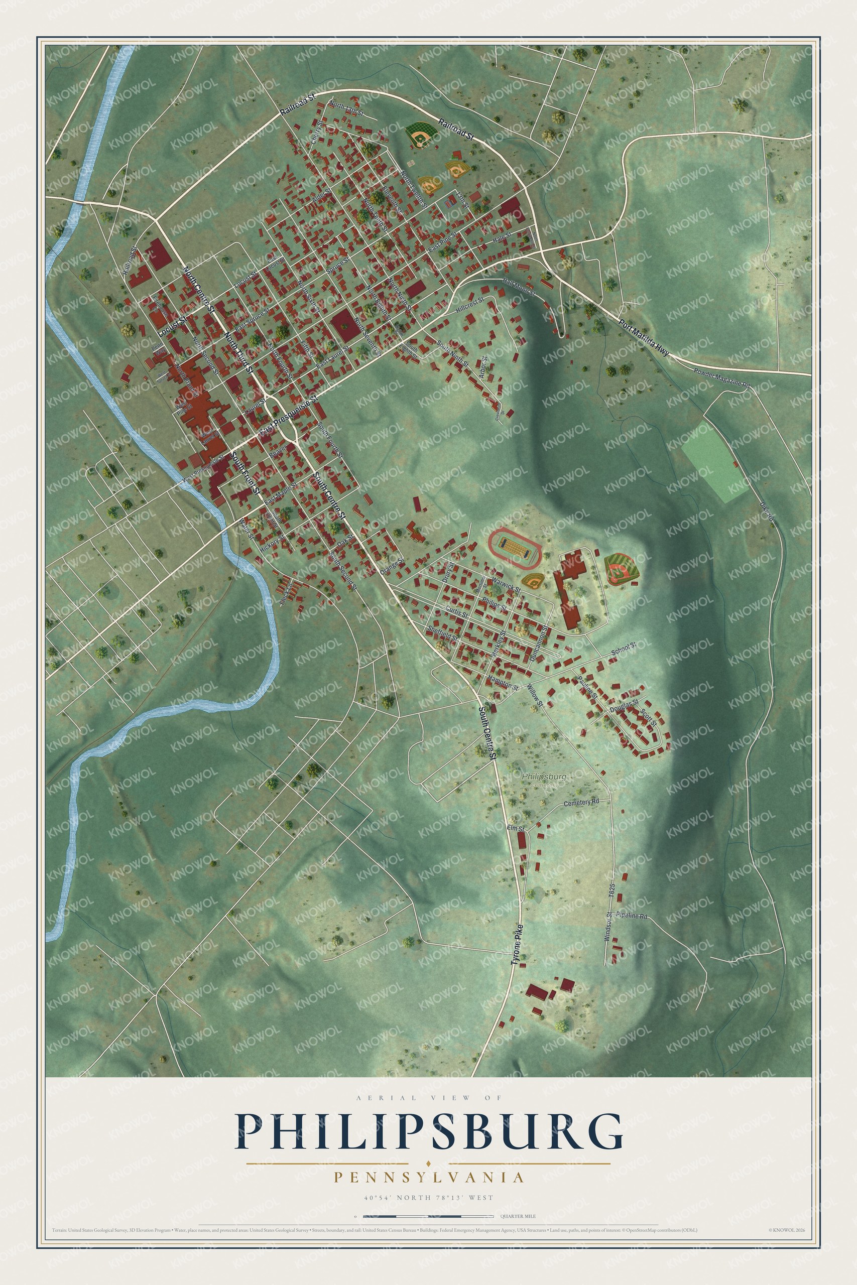 Full map of Philipsburg, Pennsylvania, with red buildings, printed street names and the land around them