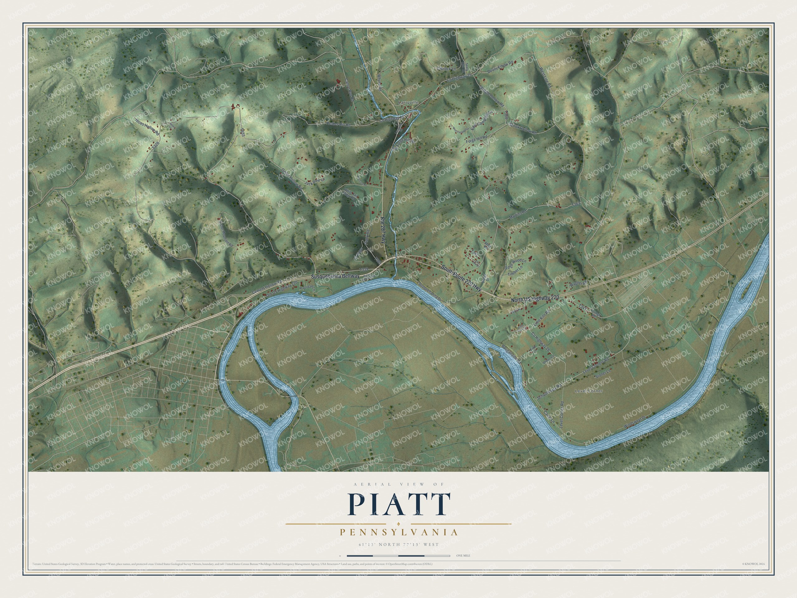 Full map of Piatt, Pennsylvania, with red buildings, printed street names and the land around them