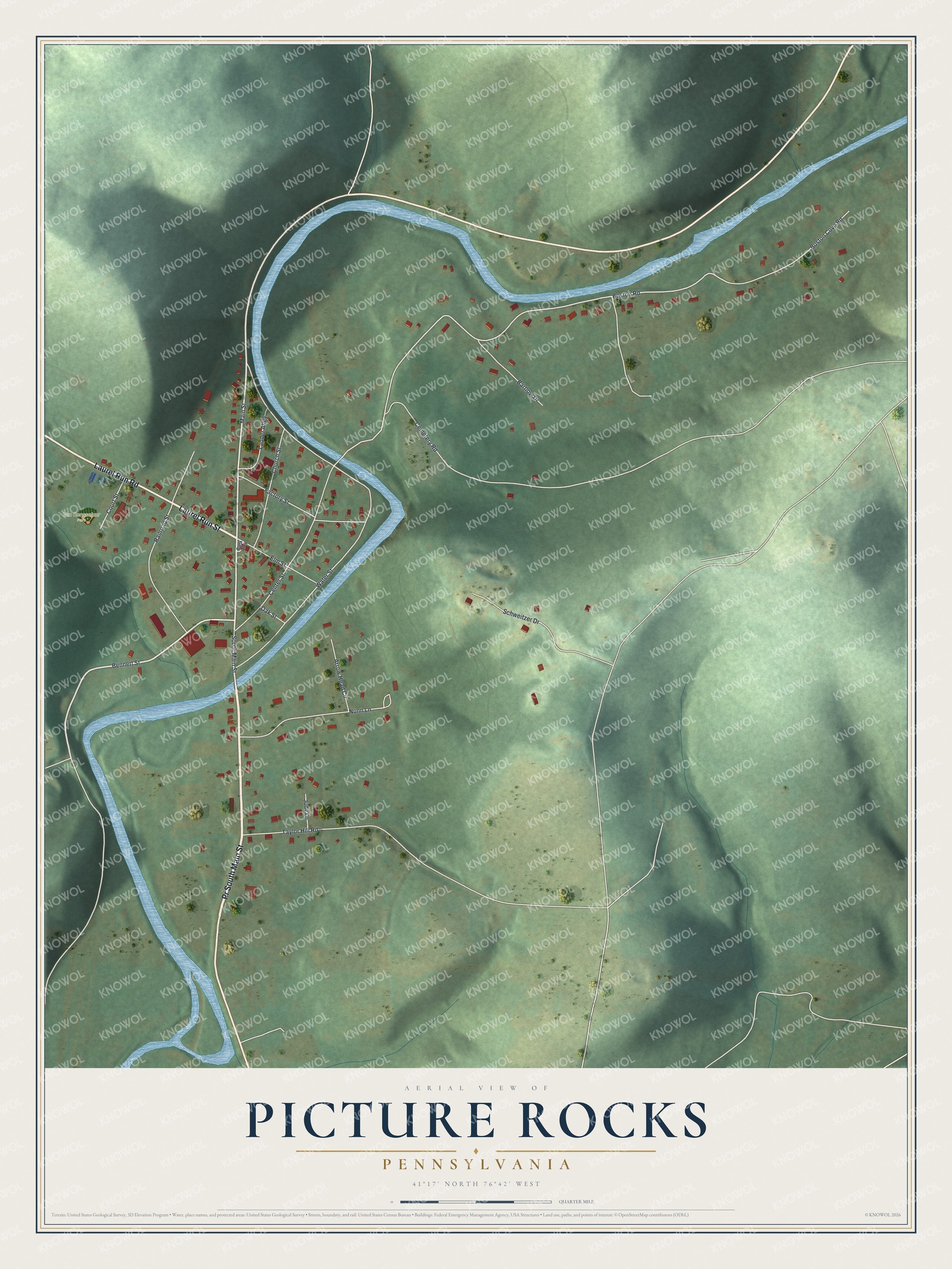 Full map of Picture Rocks, Pennsylvania, with red buildings, printed street names and the land around them