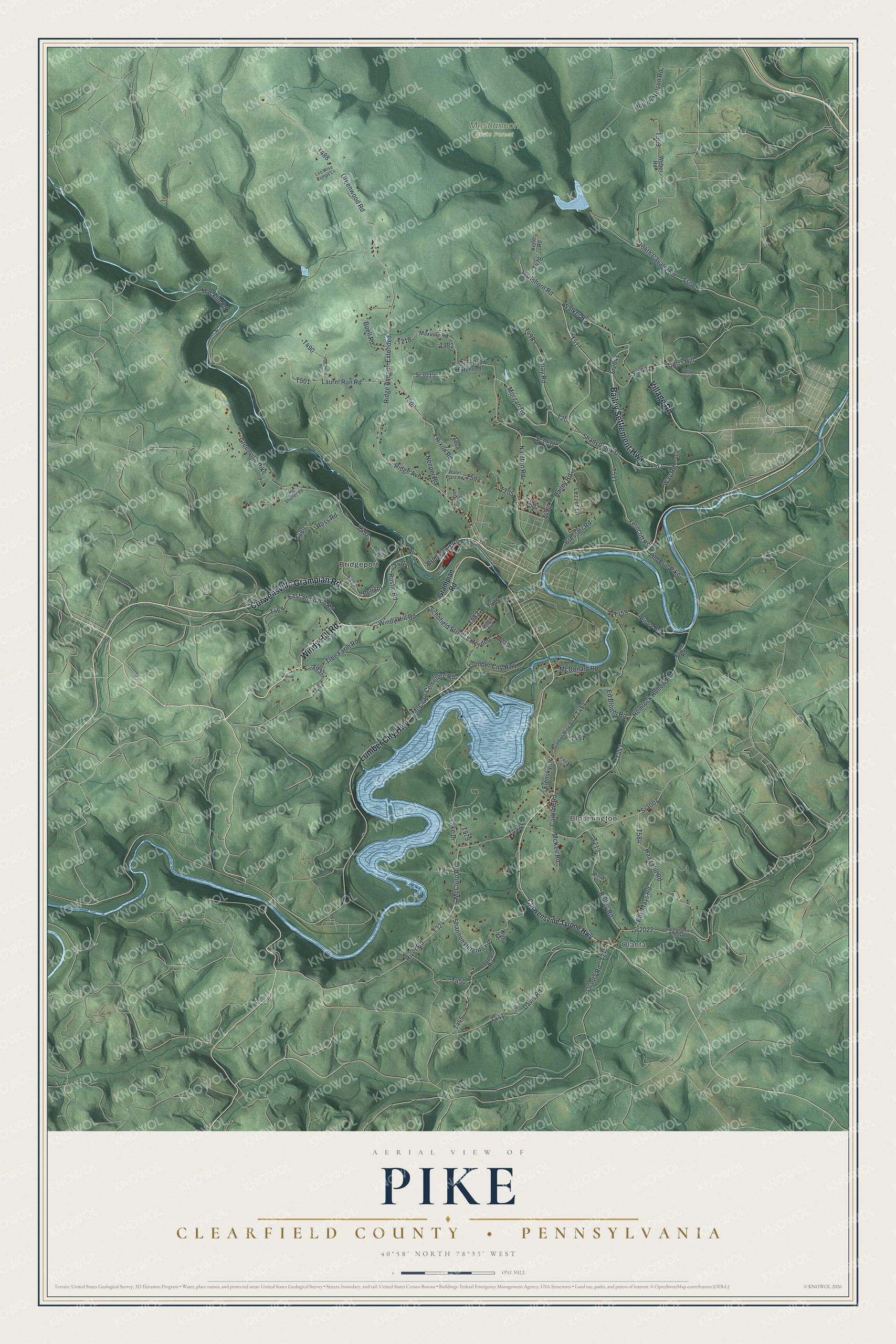 Full map of Pike, Clearfield County, Pennsylvania, with red buildings, printed street names and the land around them