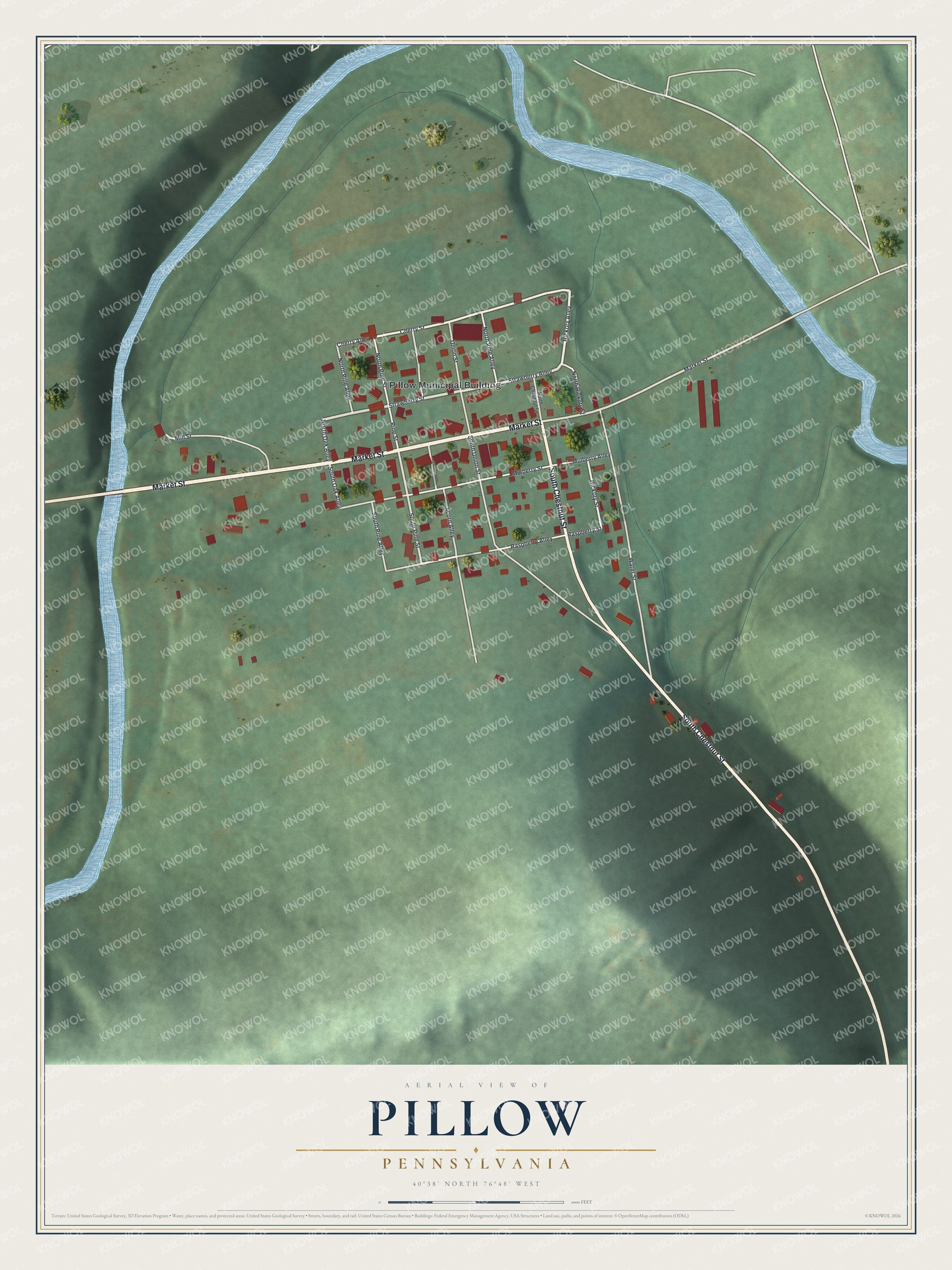 Full map of Pillow, Pennsylvania, with red buildings, printed street names and the land around them