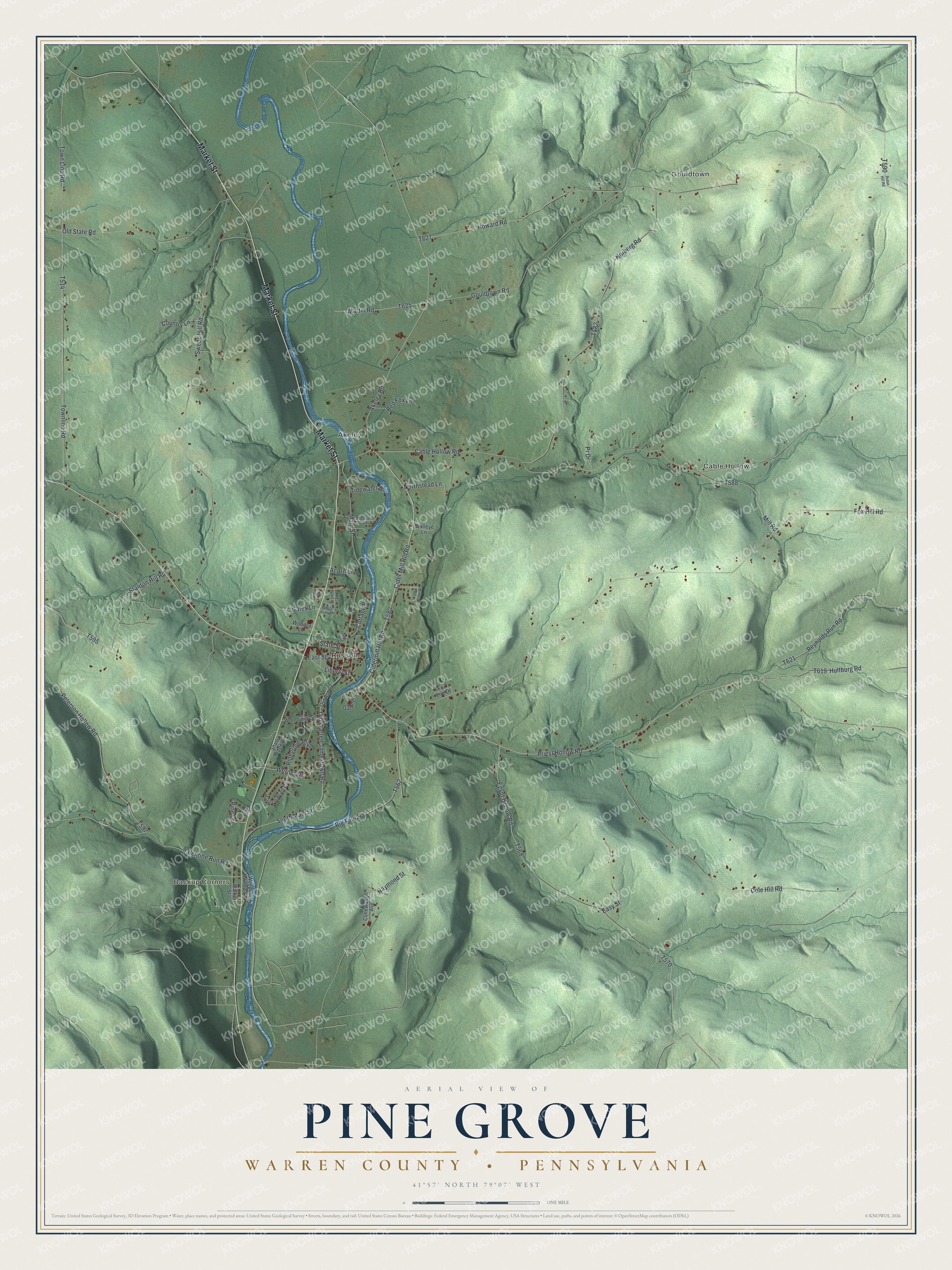 Full map of Pine Grove, Warren County, Pennsylvania, with red buildings, printed street names and the land around them