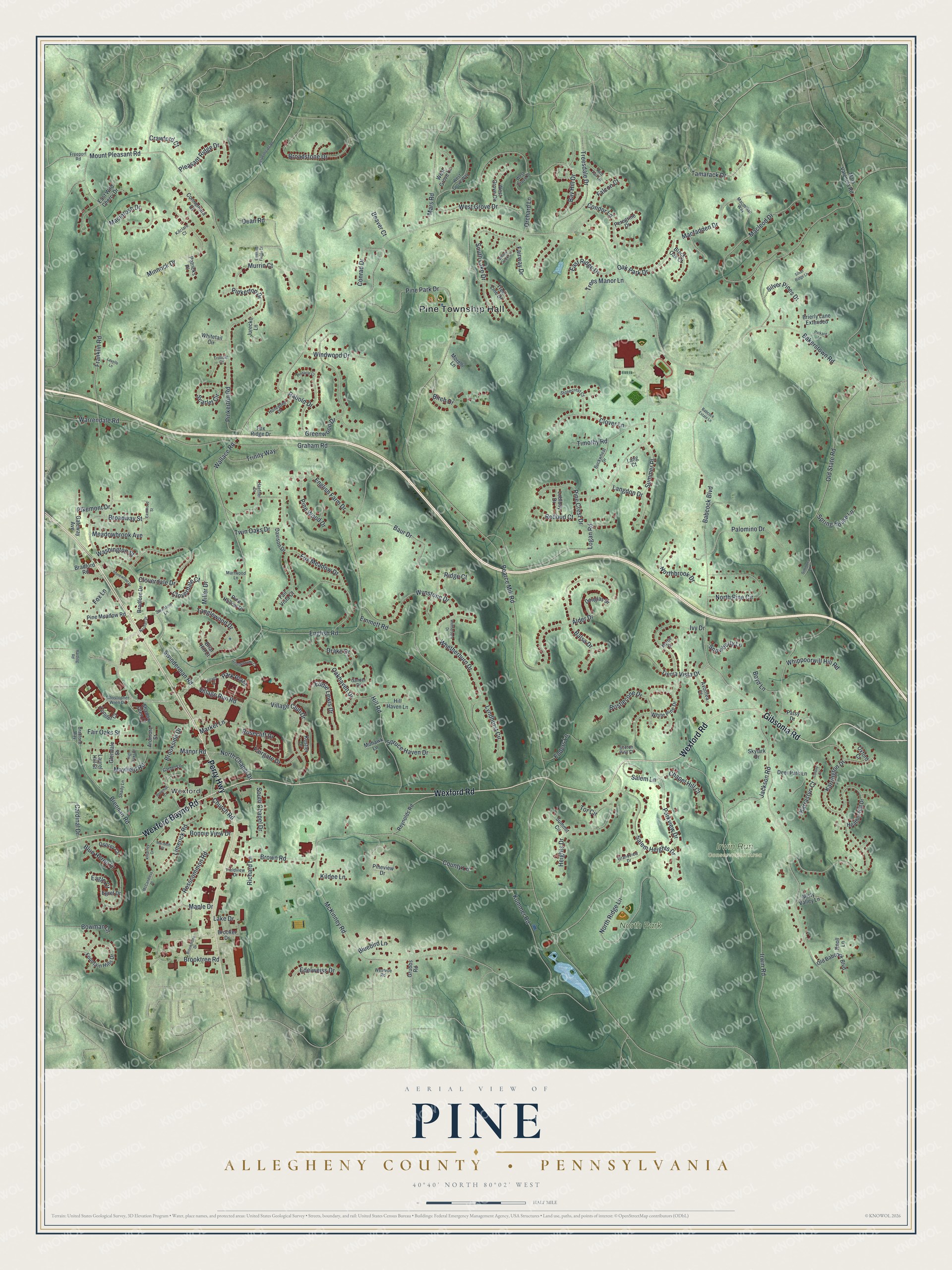 Full map of Pine, Allegheny County, Pennsylvania, with red buildings, printed street names and the land around them