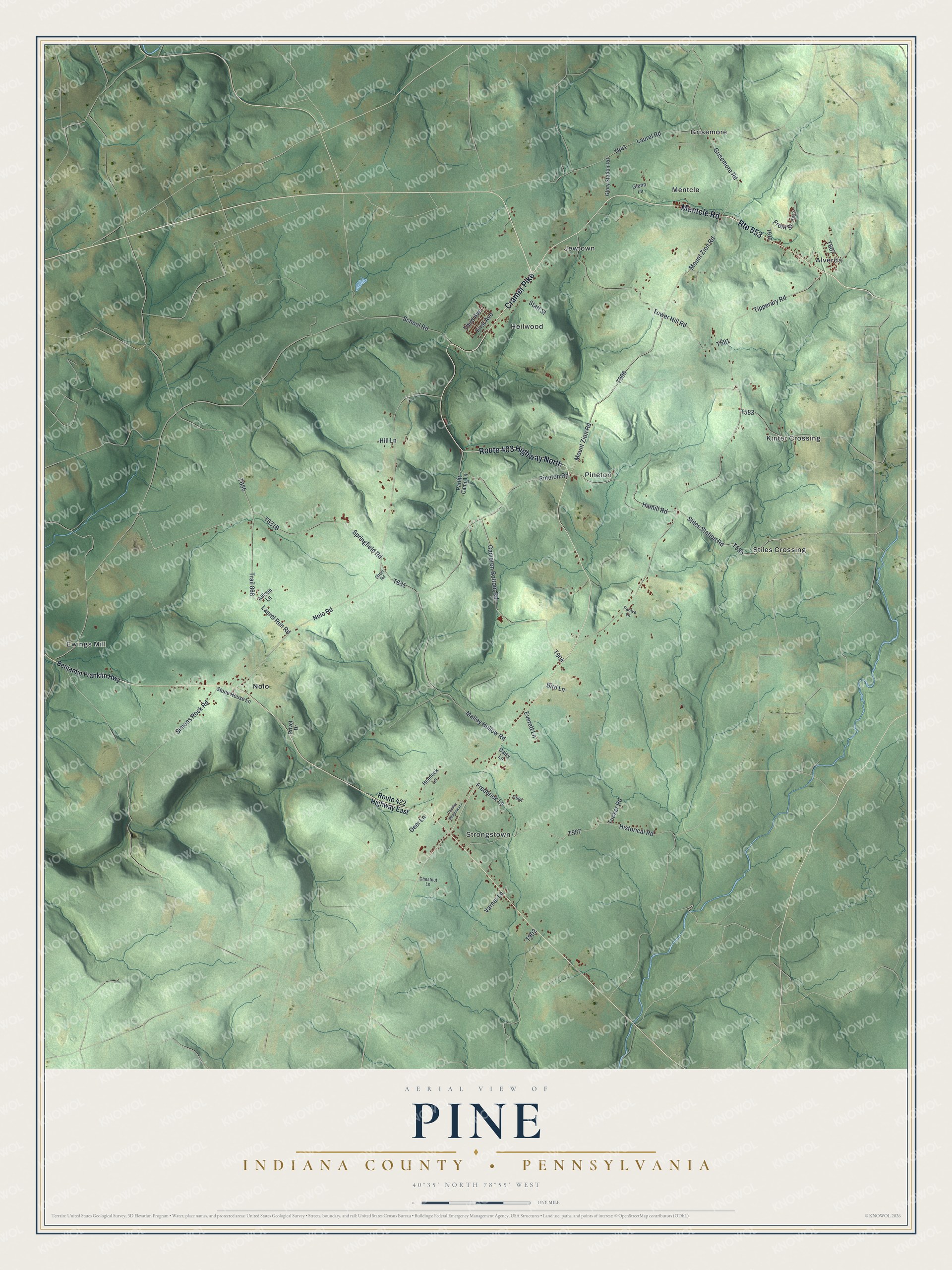 Full map of Pine, Indiana County, Pennsylvania, with red buildings, printed street names and the land around them