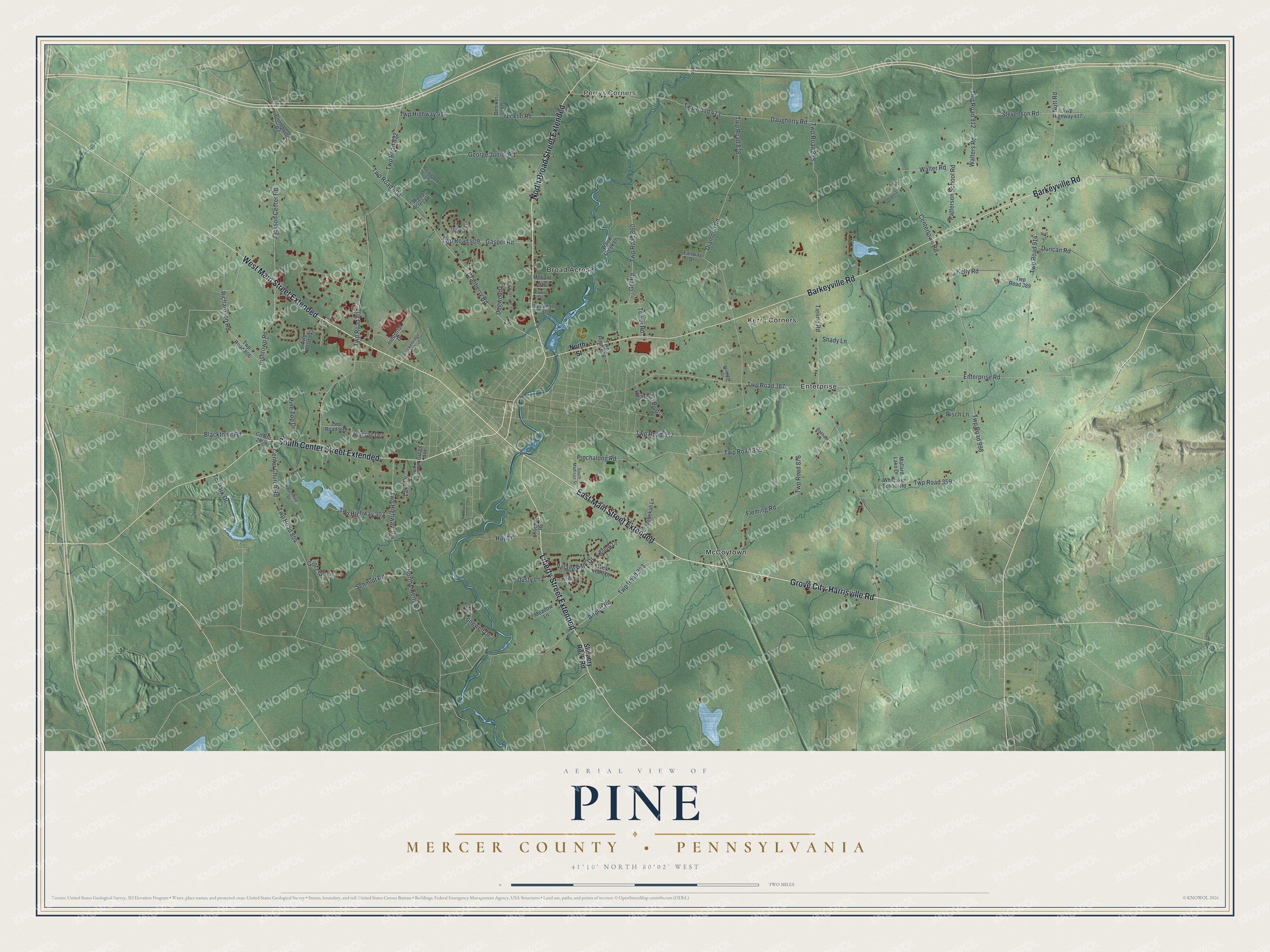 Full map of Pine, Mercer County, Pennsylvania, with red buildings, printed street names and the land around them