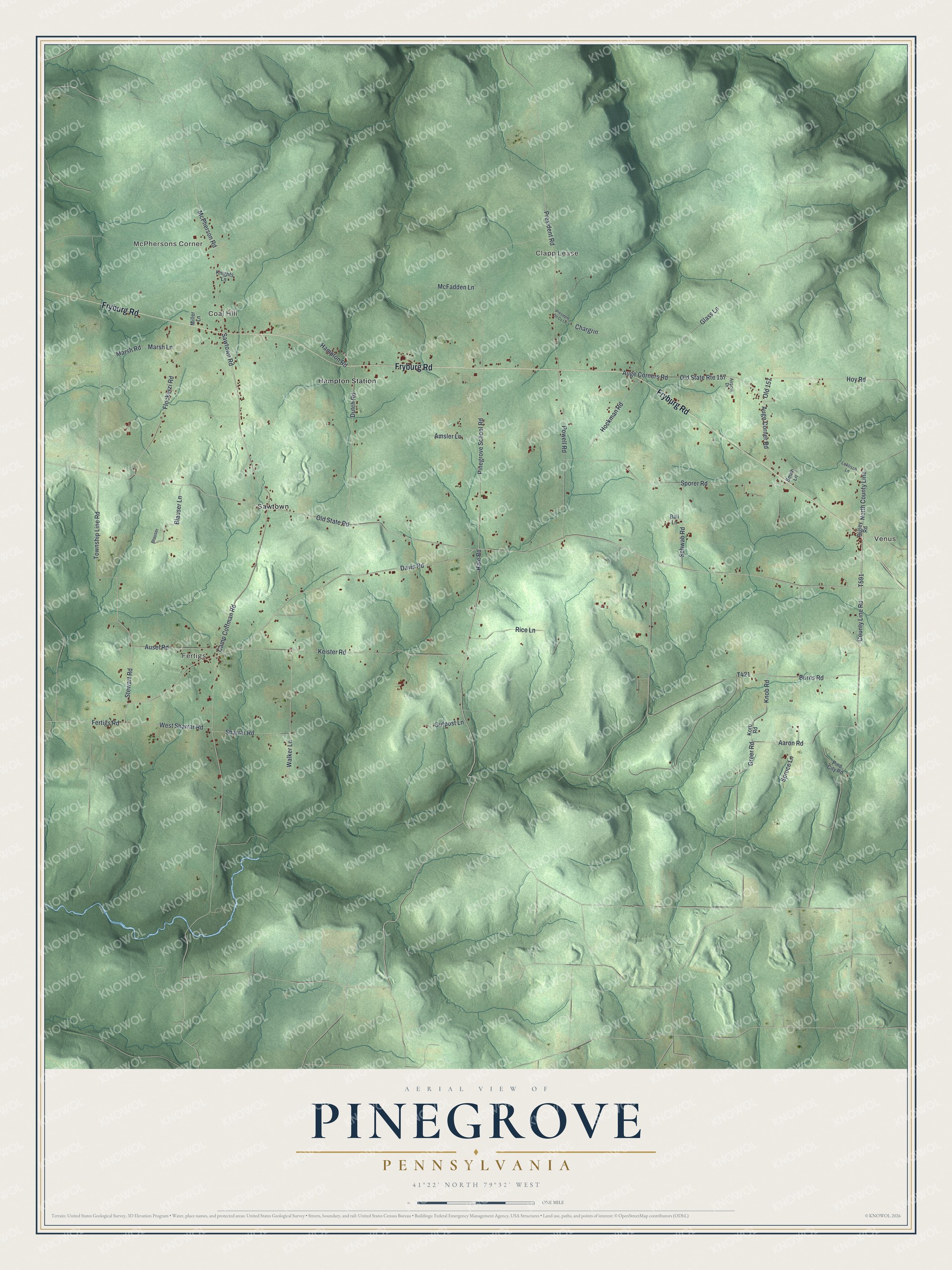 Full map of Pinegrove, Pennsylvania, with red buildings, printed street names and the land around them
