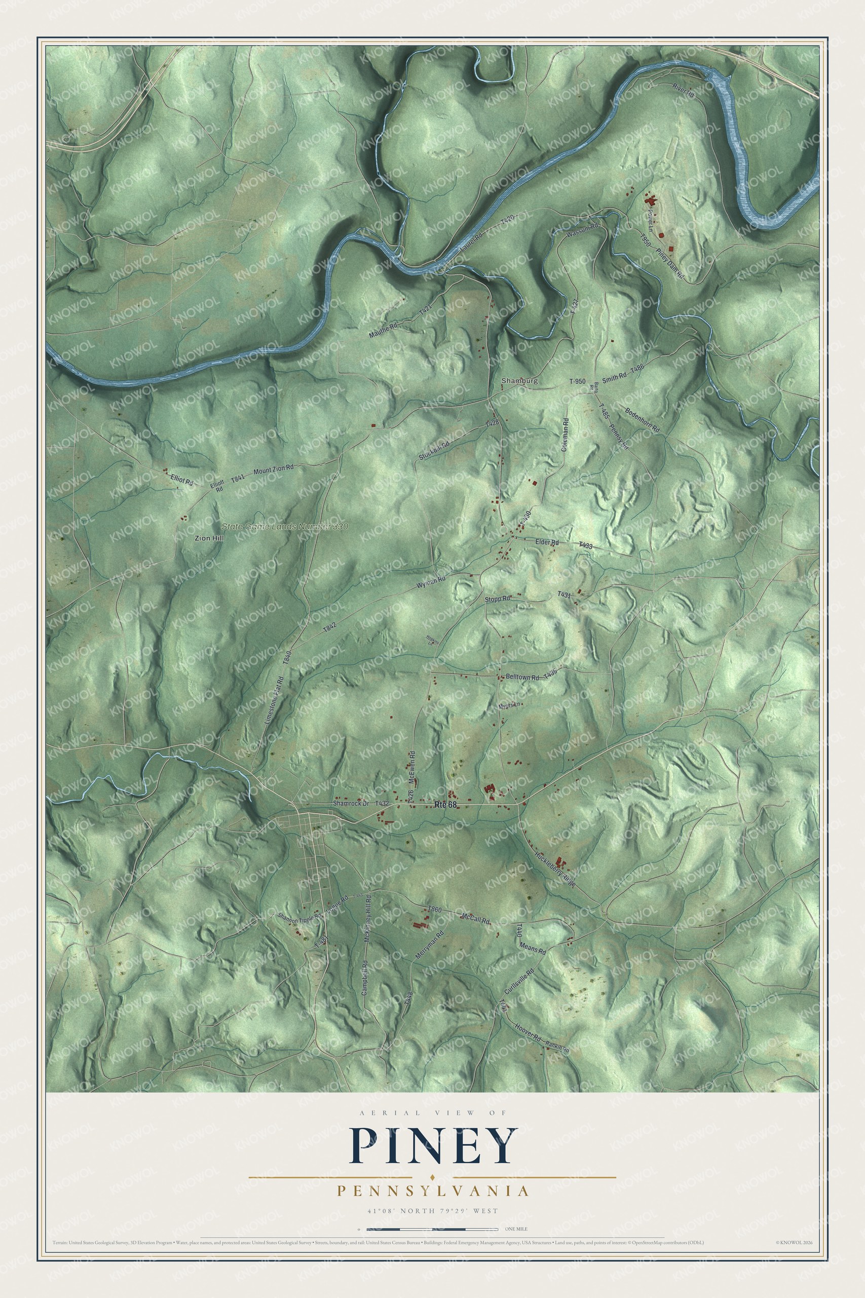 Full map of Piney, Pennsylvania, with red buildings, printed street names and the land around them