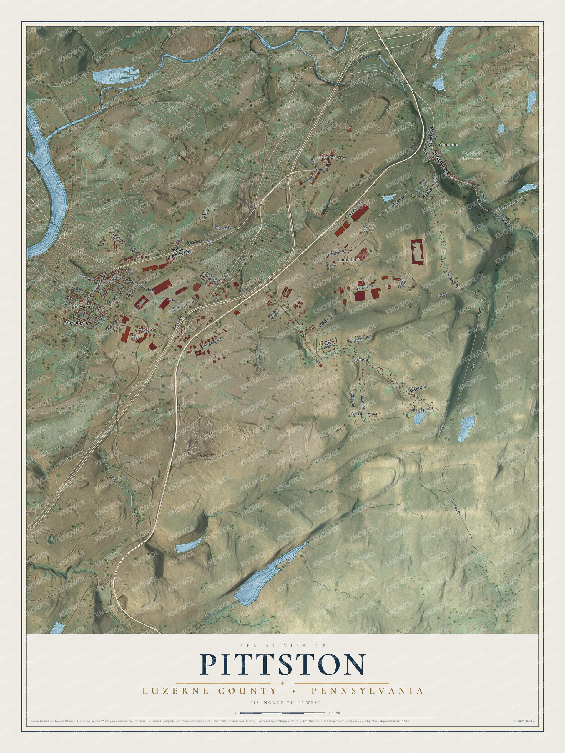 Full Pittston Township map with green ridges, blue water, red buildings and a cream title panel below the aerial view