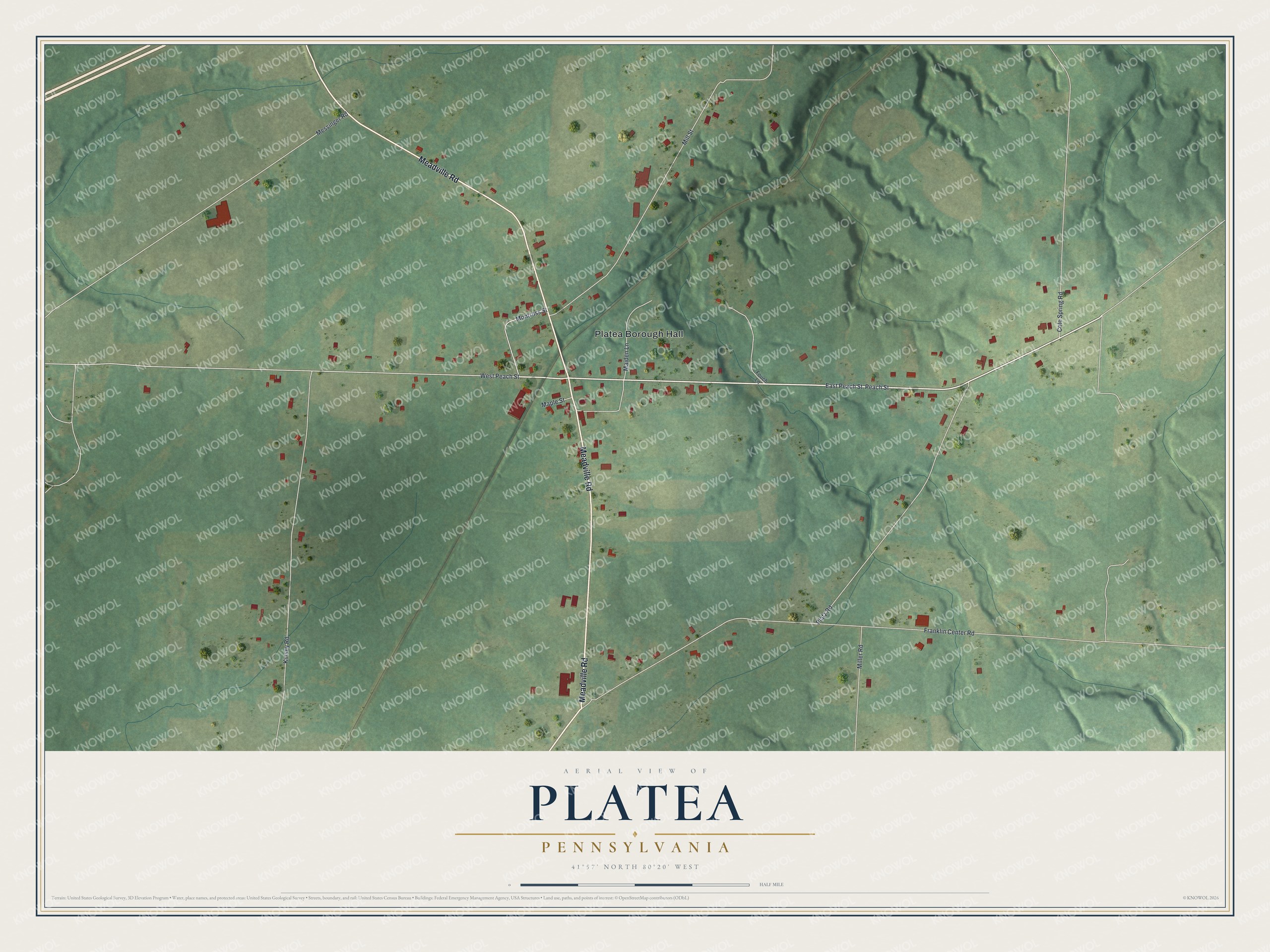 Full map of Platea, Pennsylvania, with red buildings, printed street names and the land around them
