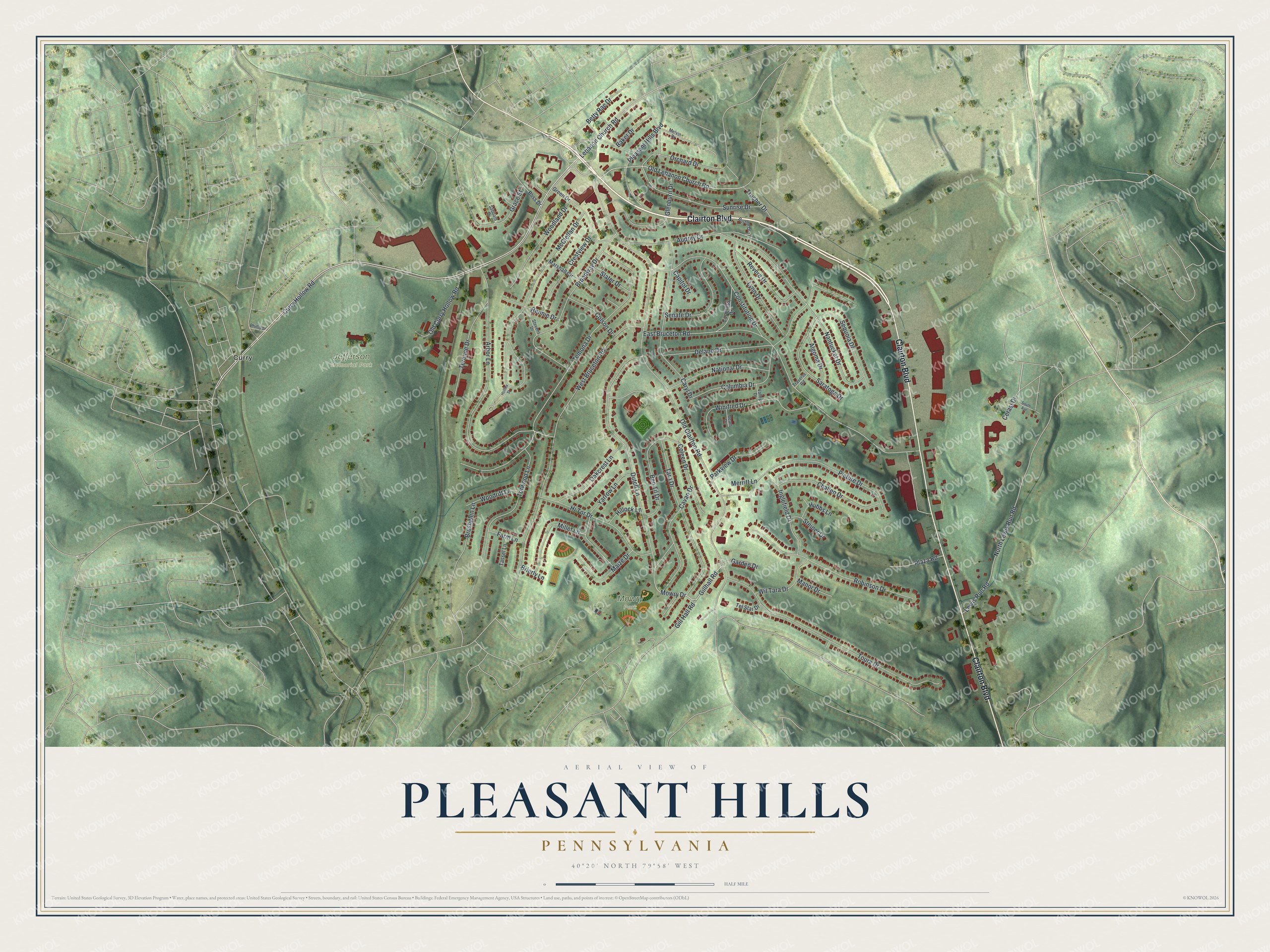 Full map of Pleasant Hills, Pennsylvania, with red buildings, printed street names and the land around them