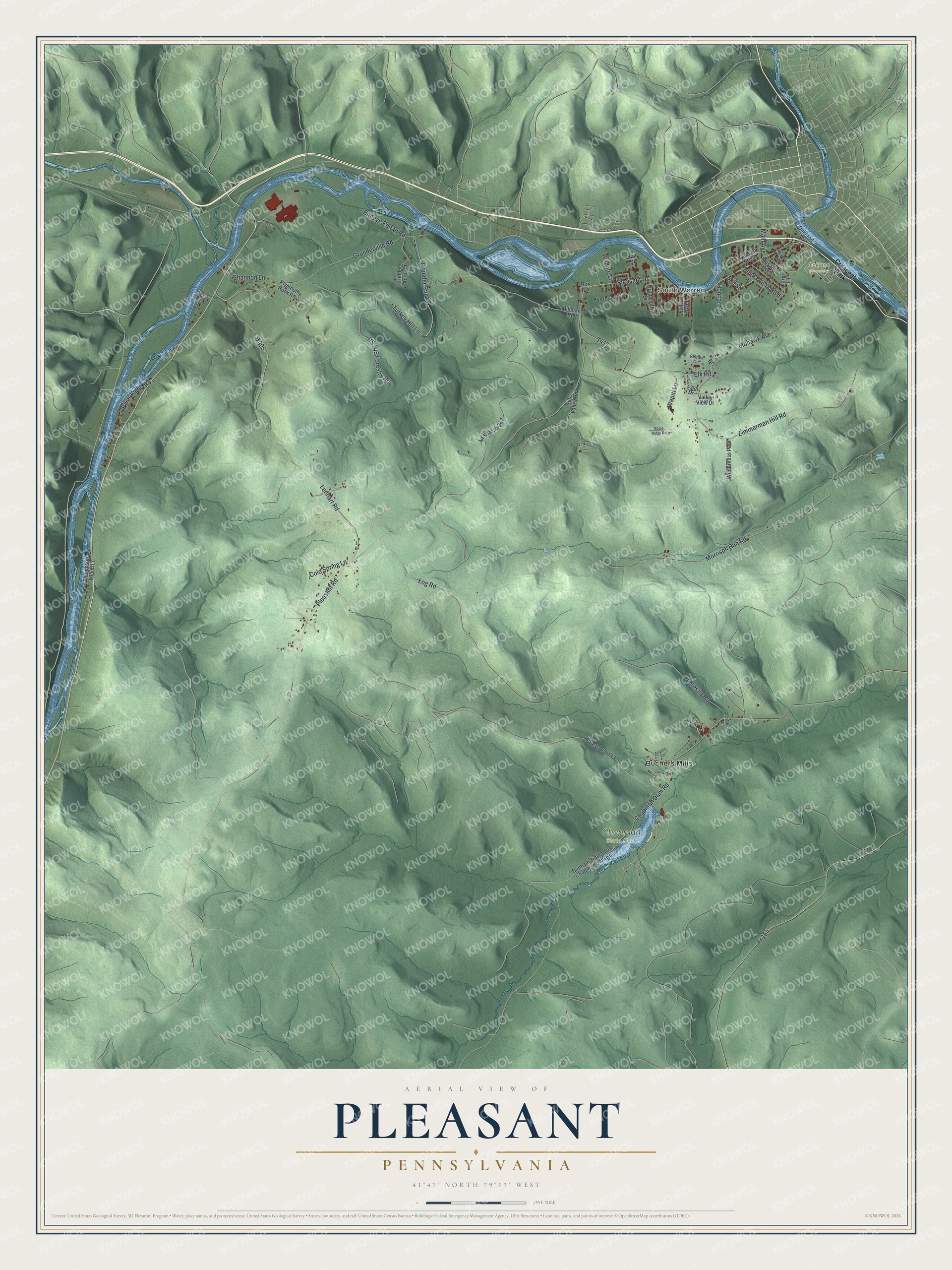 Full map of Pleasant, Pennsylvania, with red buildings, printed street names and the land around them