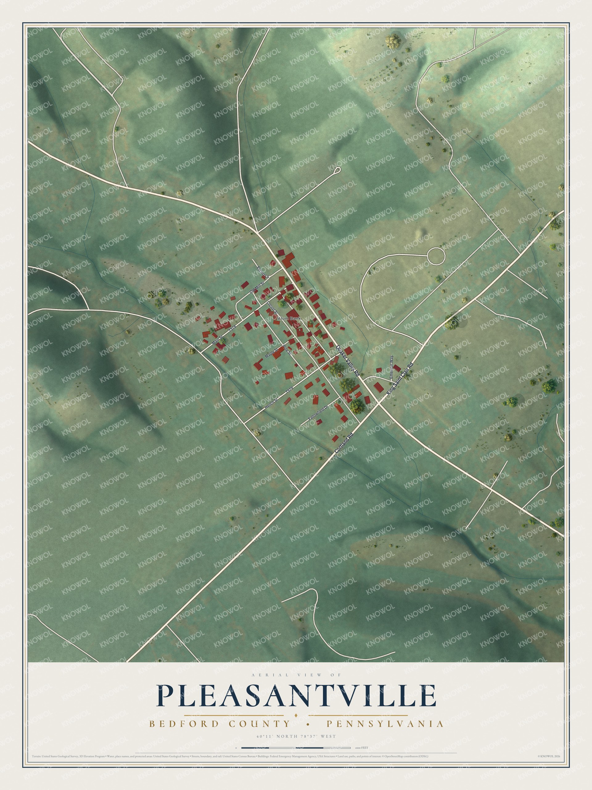 Full map of Pleasantville, Bedford County, Pennsylvania, with red buildings, printed street names and the land around them