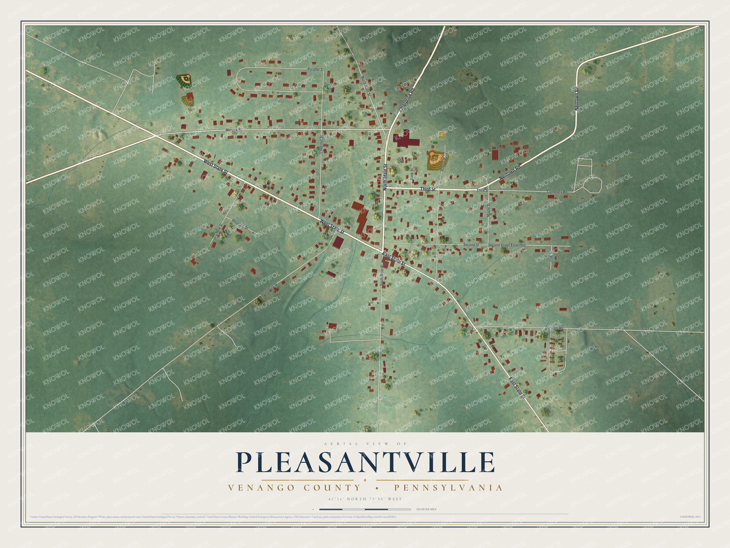 Full map of Pleasantville, Venango County, Pennsylvania, with red buildings, printed street names and the land around them
