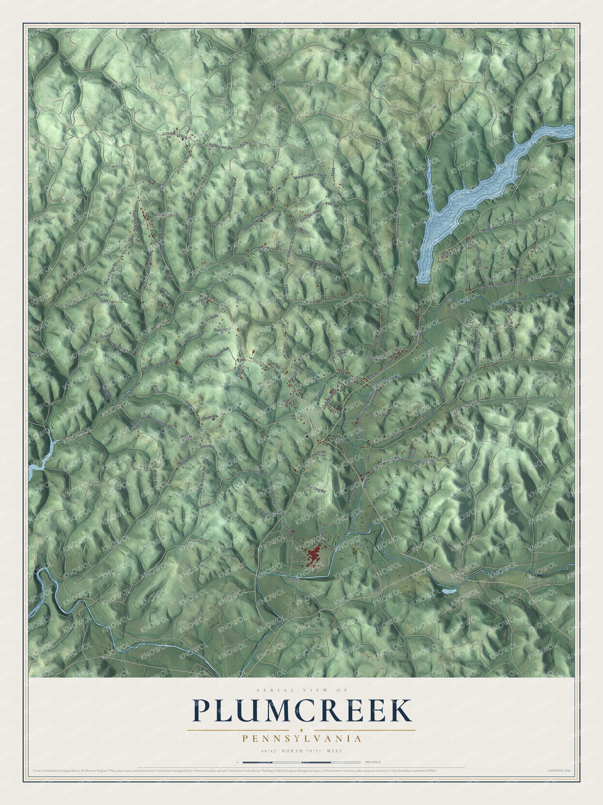 Full map of Plumcreek, Pennsylvania, with red buildings, printed street names and the land around them