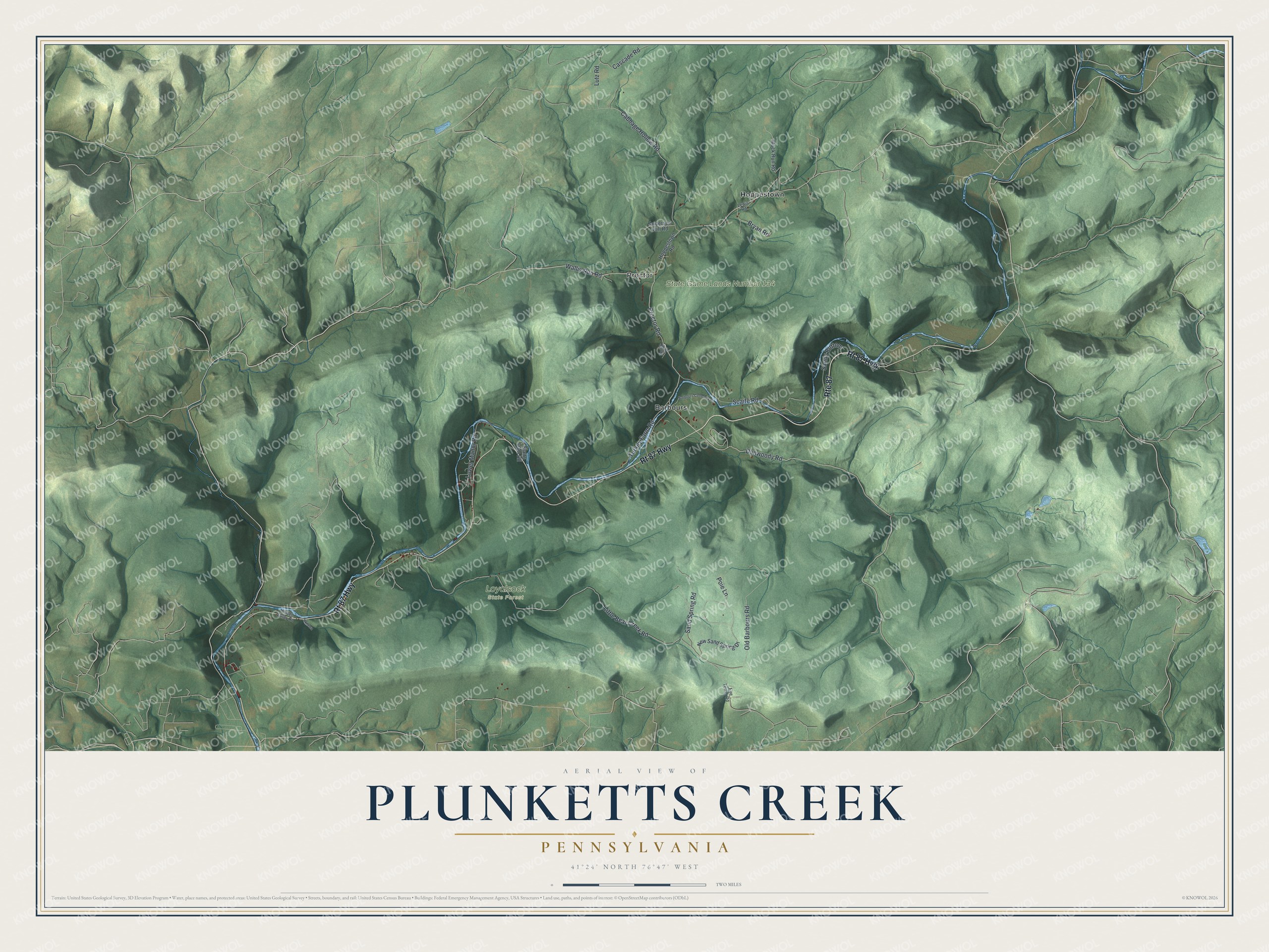 Full map of Plunketts Creek, Pennsylvania, with red buildings, printed street names and the land around them