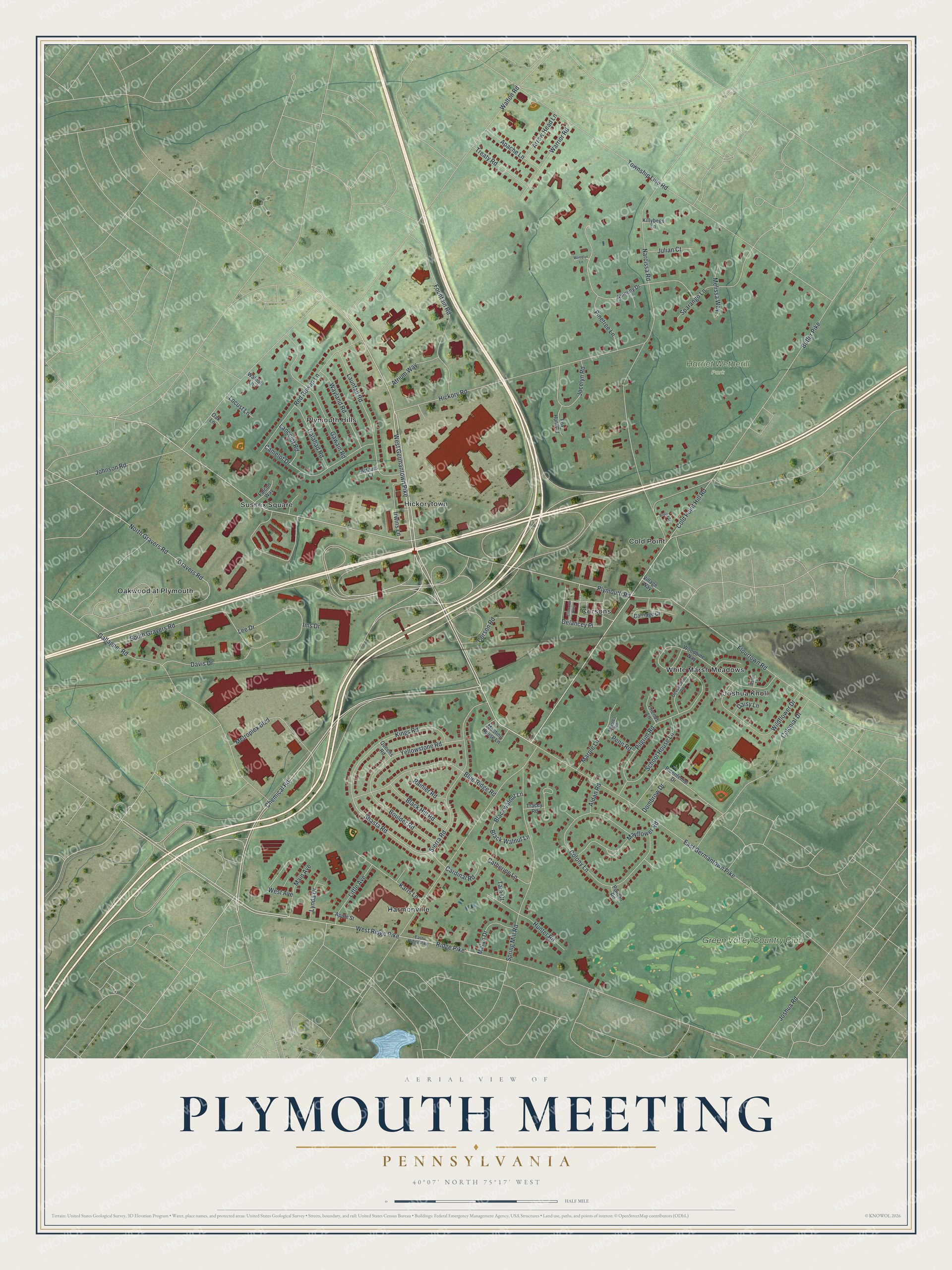 Full map of Plymouth Meeting, Pennsylvania, with red buildings, printed street names and the land around them