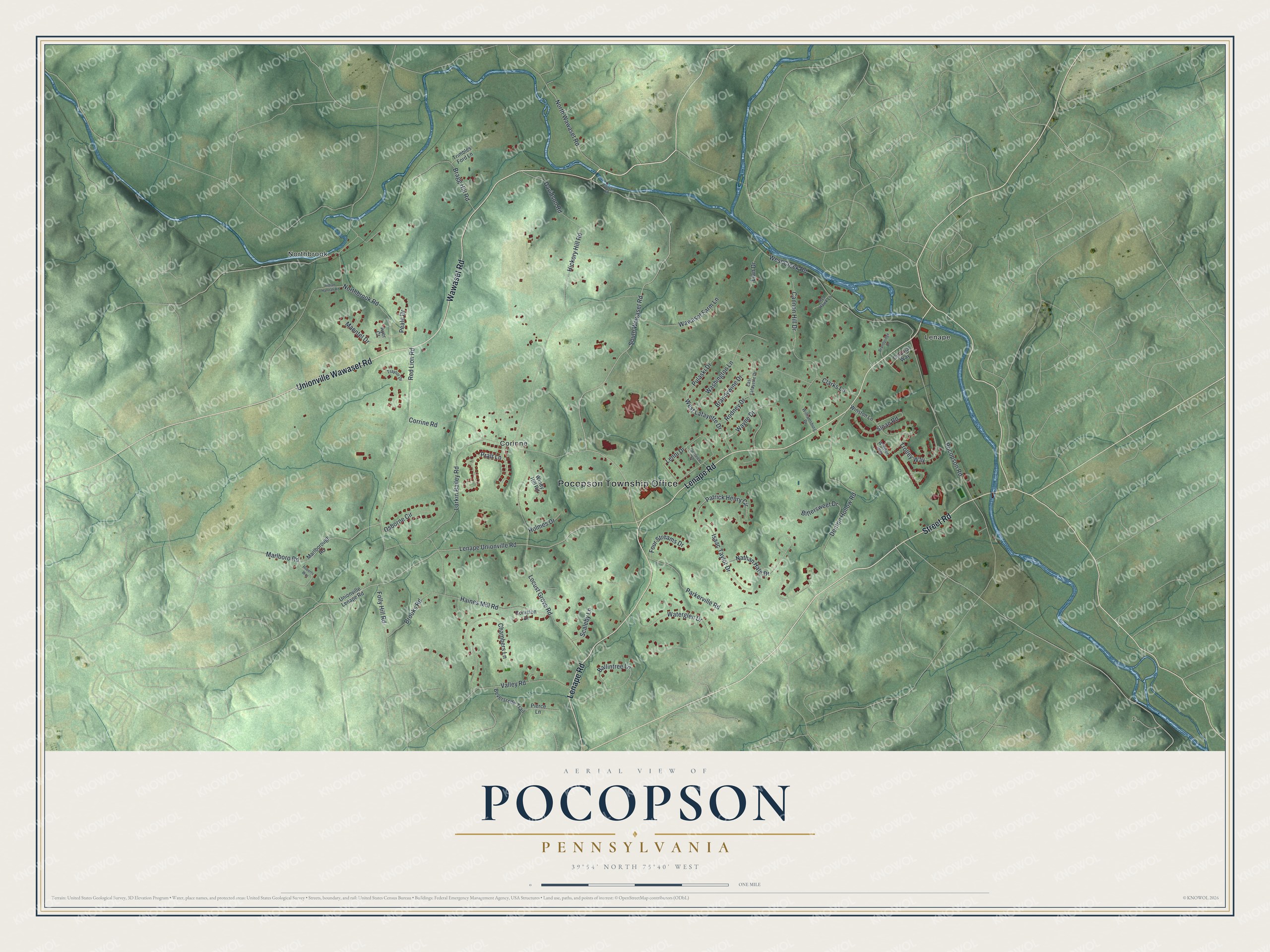 Full map of Pocopson, Pennsylvania, with red buildings, printed street names and the land around them