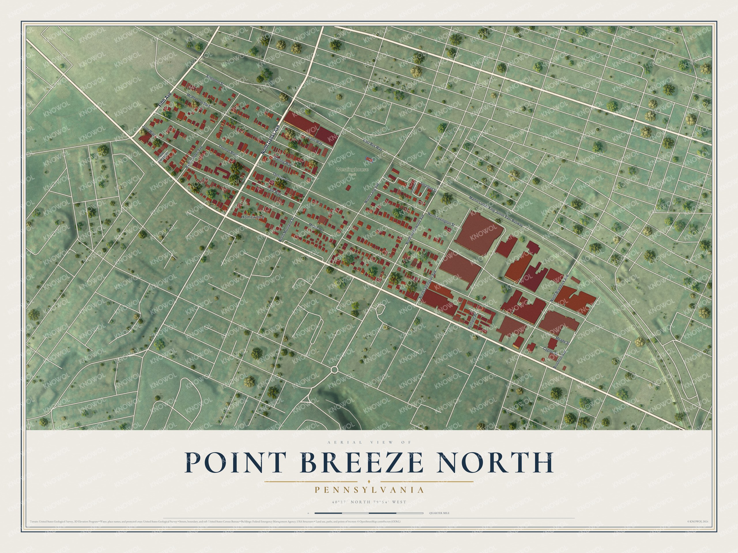 Full map of Point Breeze North, Pennsylvania, with red buildings, printed street names and the land around them