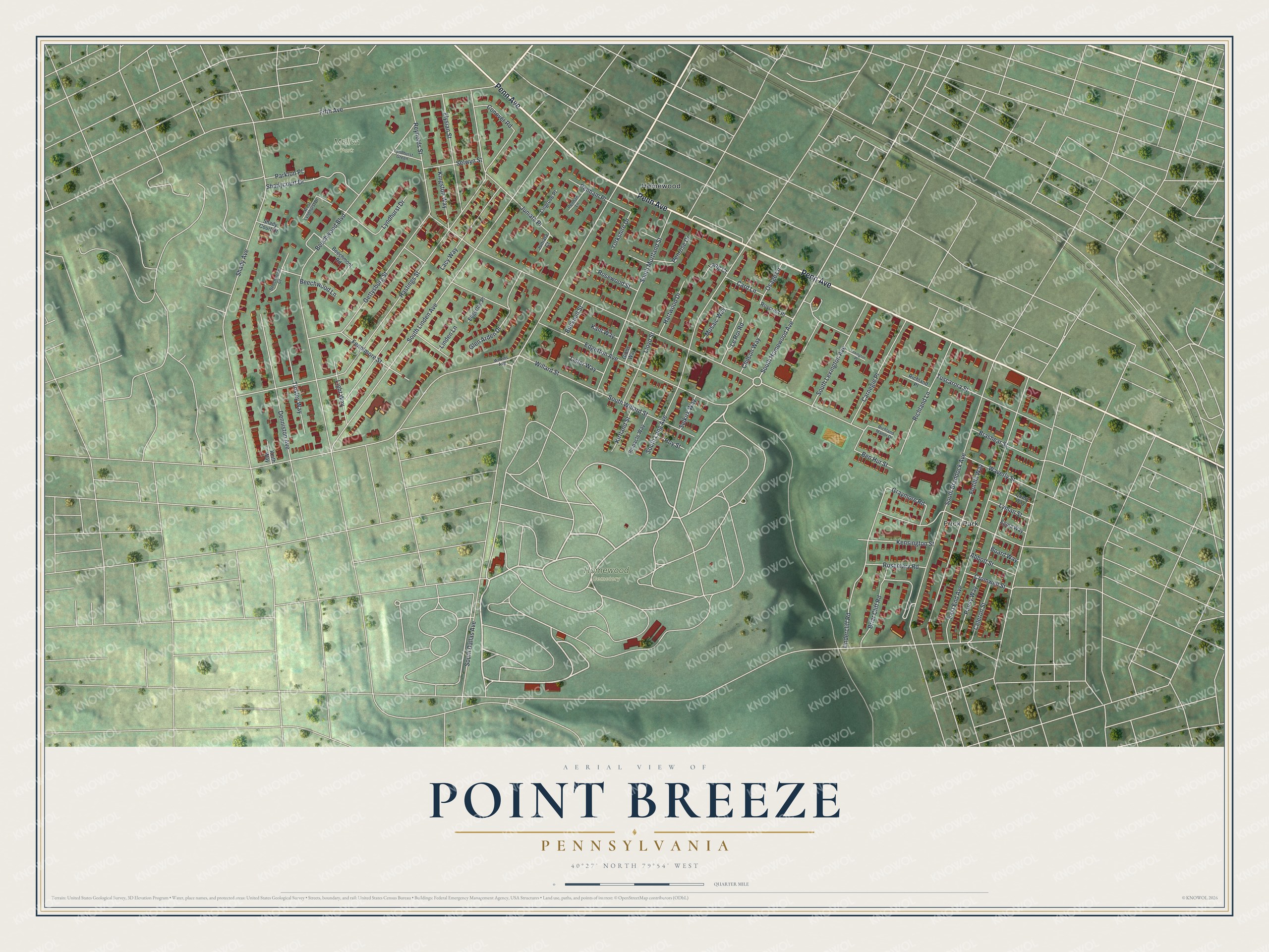 Full map of Point Breeze, Pennsylvania, with red buildings, printed street names and the land around them