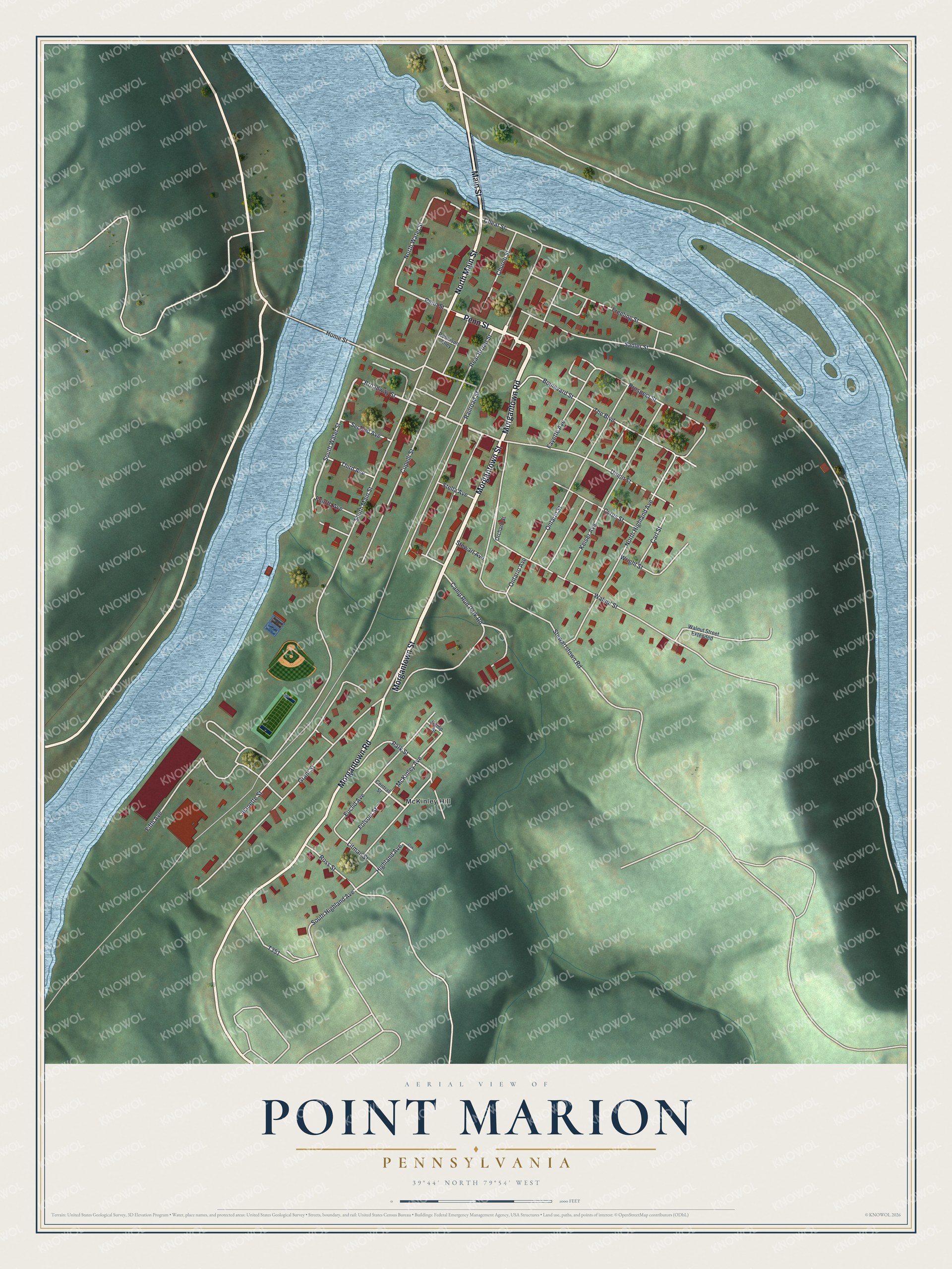 Full map of Point Marion, Pennsylvania, with red buildings, printed street names and the land around them