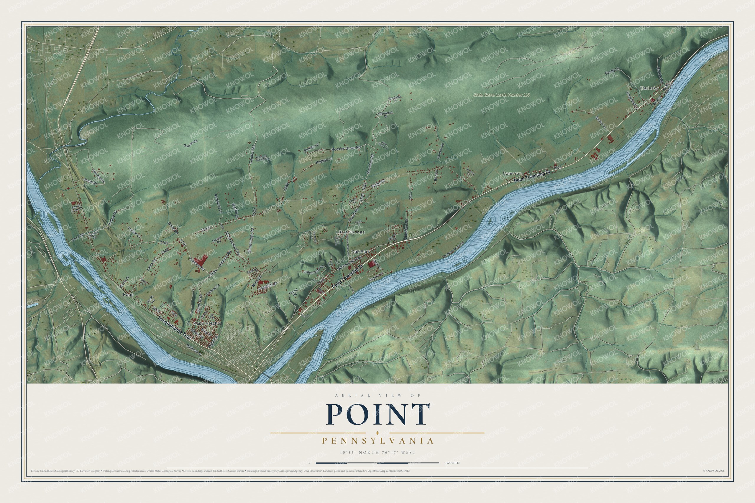 Full map of Point, Pennsylvania, with red buildings, printed street names and the land around them