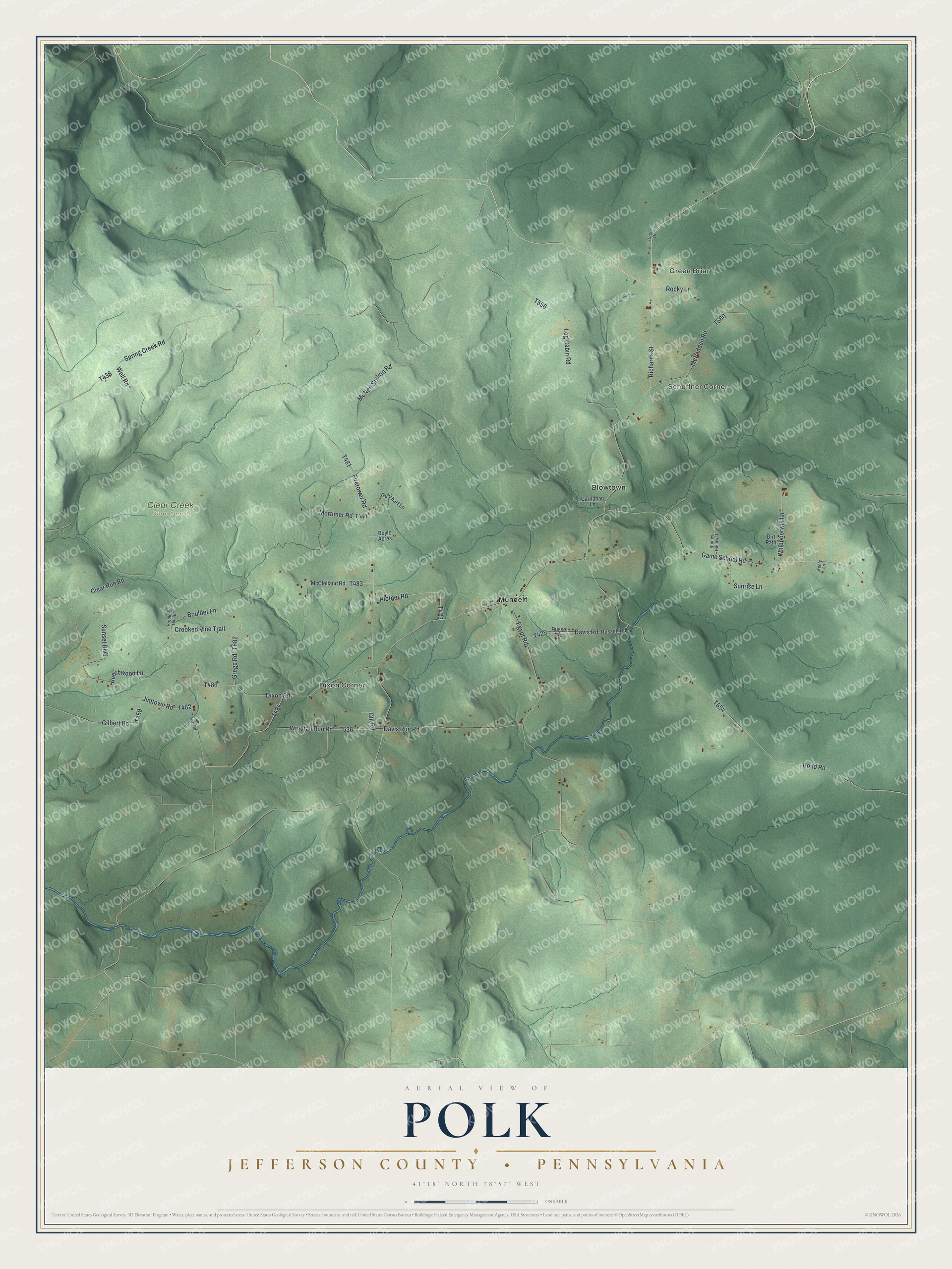 Full map of Polk, Jefferson County, Pennsylvania, with red buildings, printed street names and the land around them