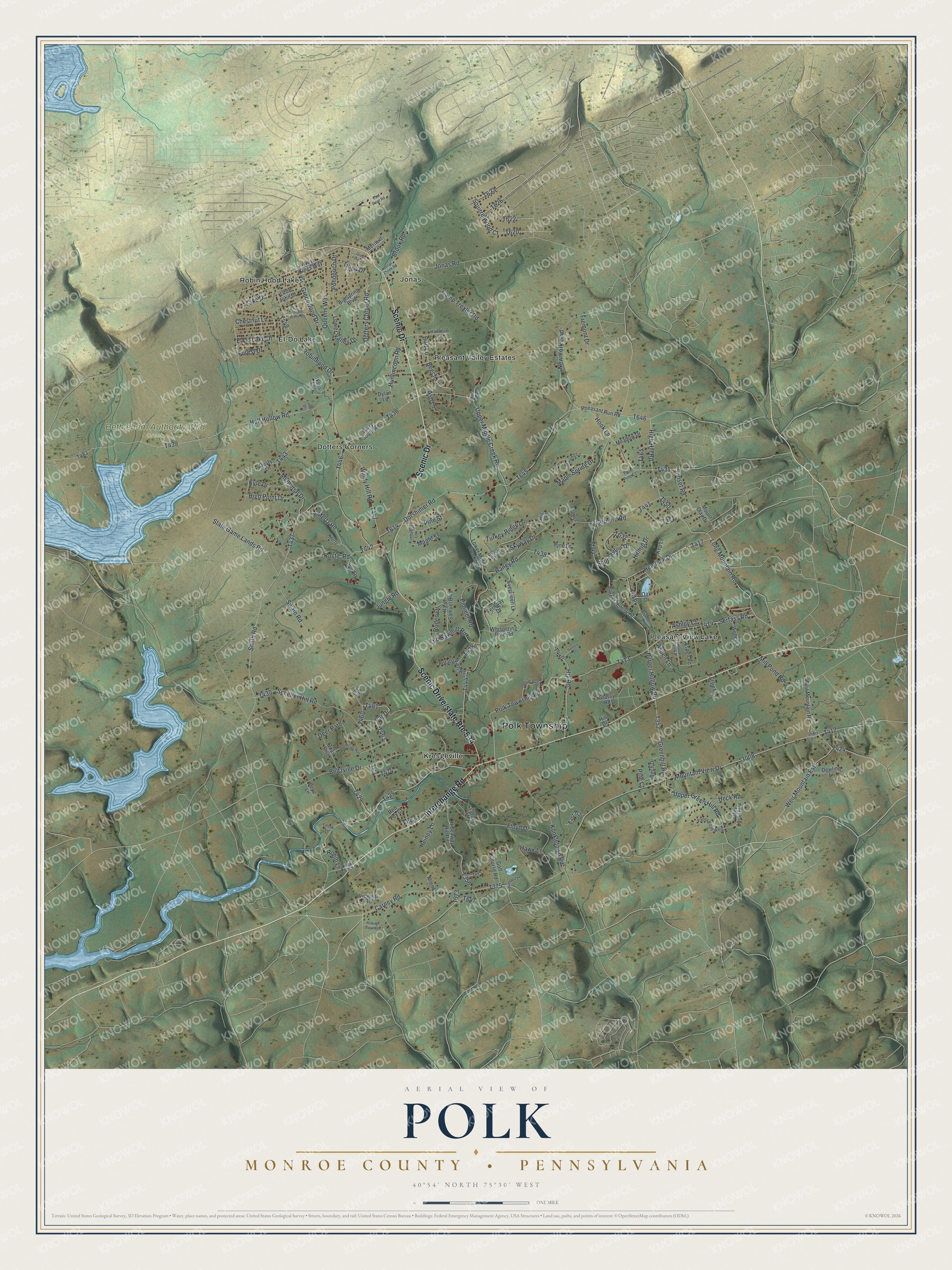 Full map of Polk, Monroe County, Pennsylvania, with red buildings, printed street names and the land around them
